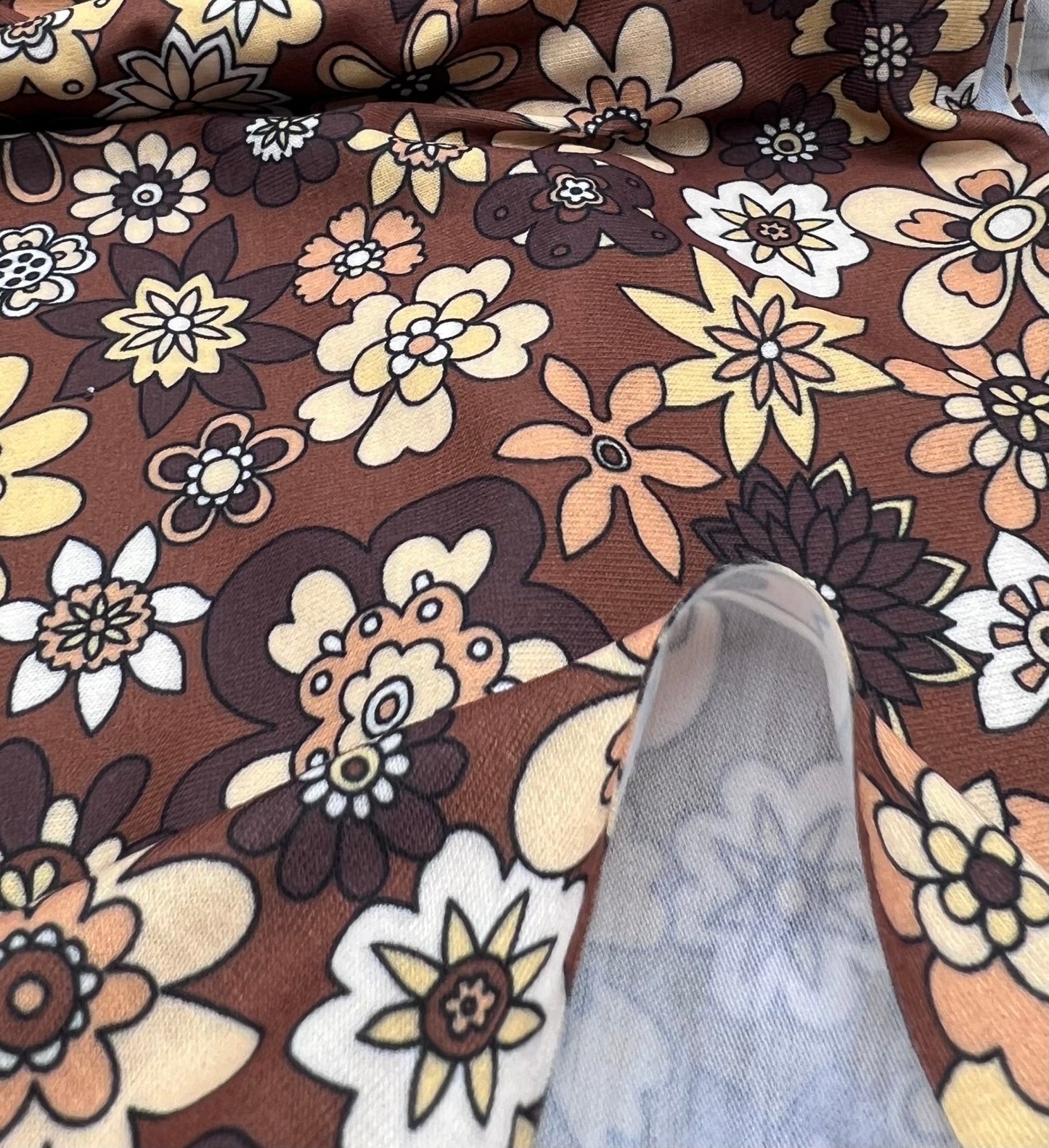 Brown Retro Floral Print Spun Poly Stretch Fabric - T9 Fabrics