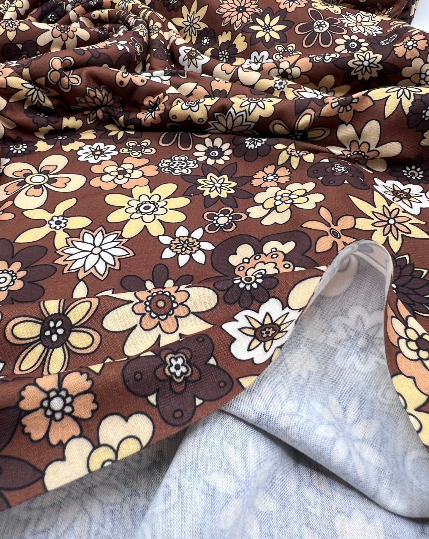 Brown Retro Floral Print Spun Poly Stretch Fabric - T9 Fabrics