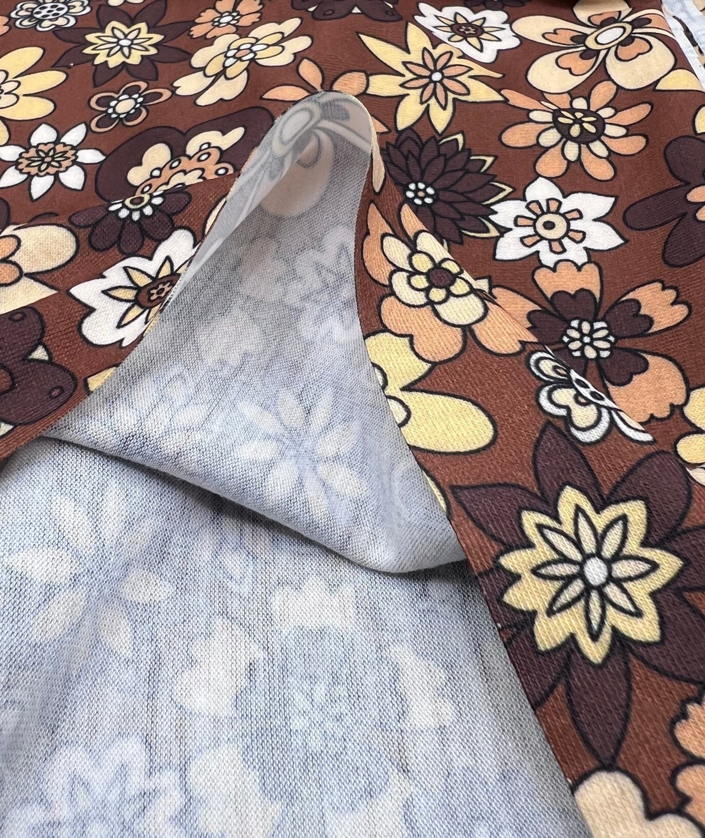 Brown Retro Floral Print Spun Poly Stretch Fabric - T9 Fabrics