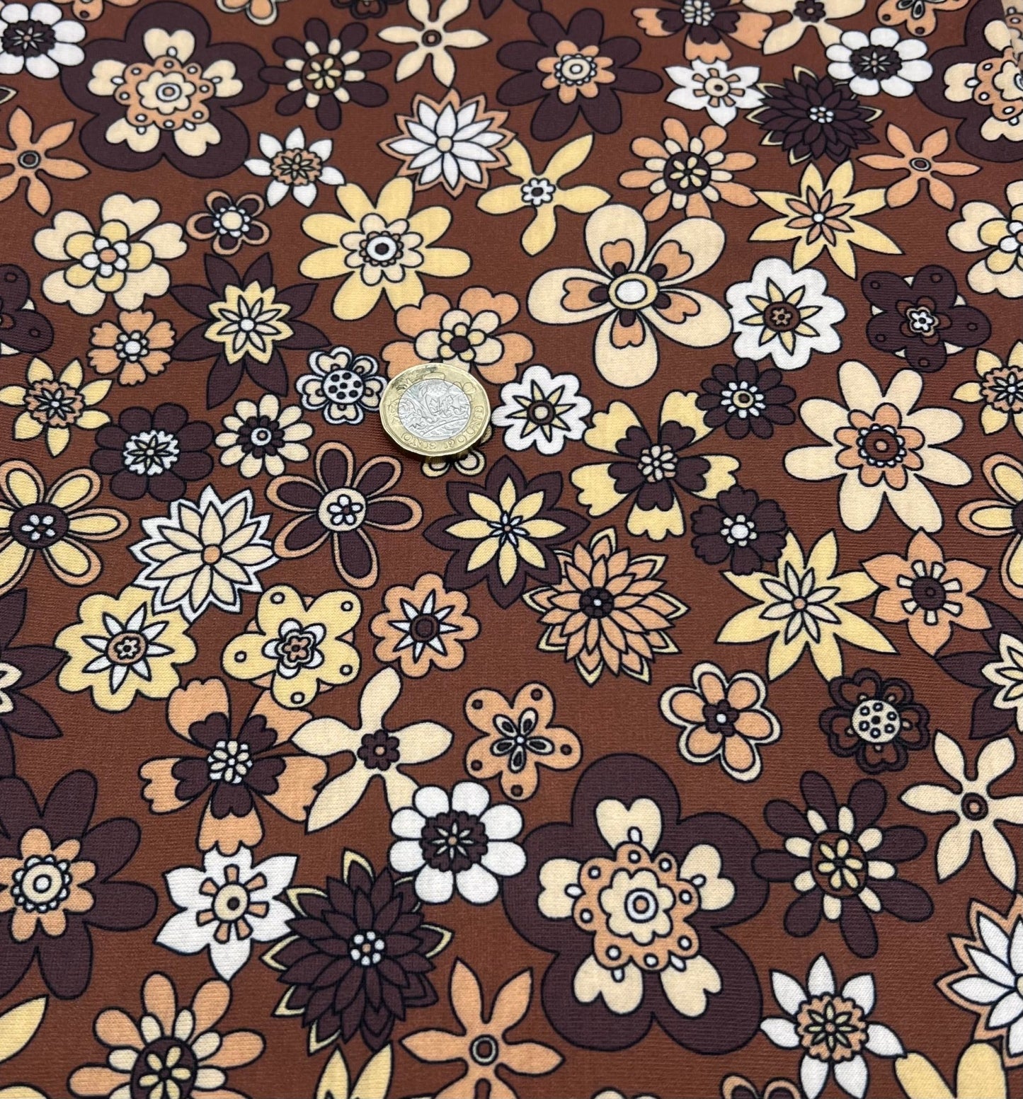 Brown Retro Floral Print Spun Poly Stretch Fabric - T9 Fabrics