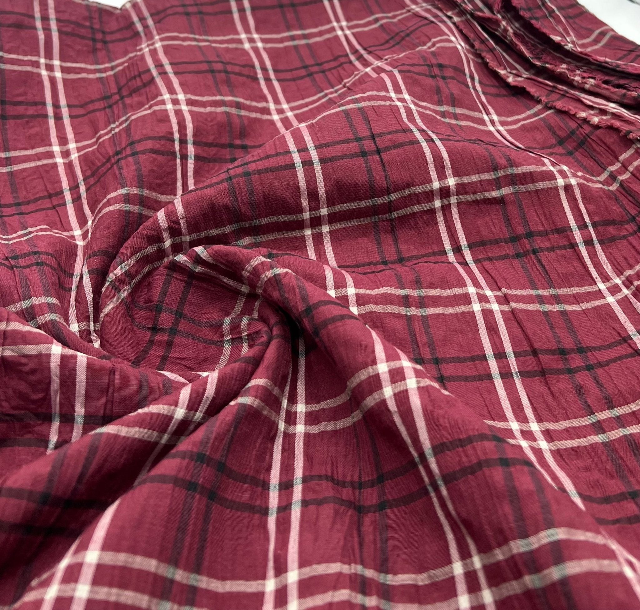 Burgundy Black Check Crinkled Lightweight Non Stretch Woven Fabric - T9 Fabrics