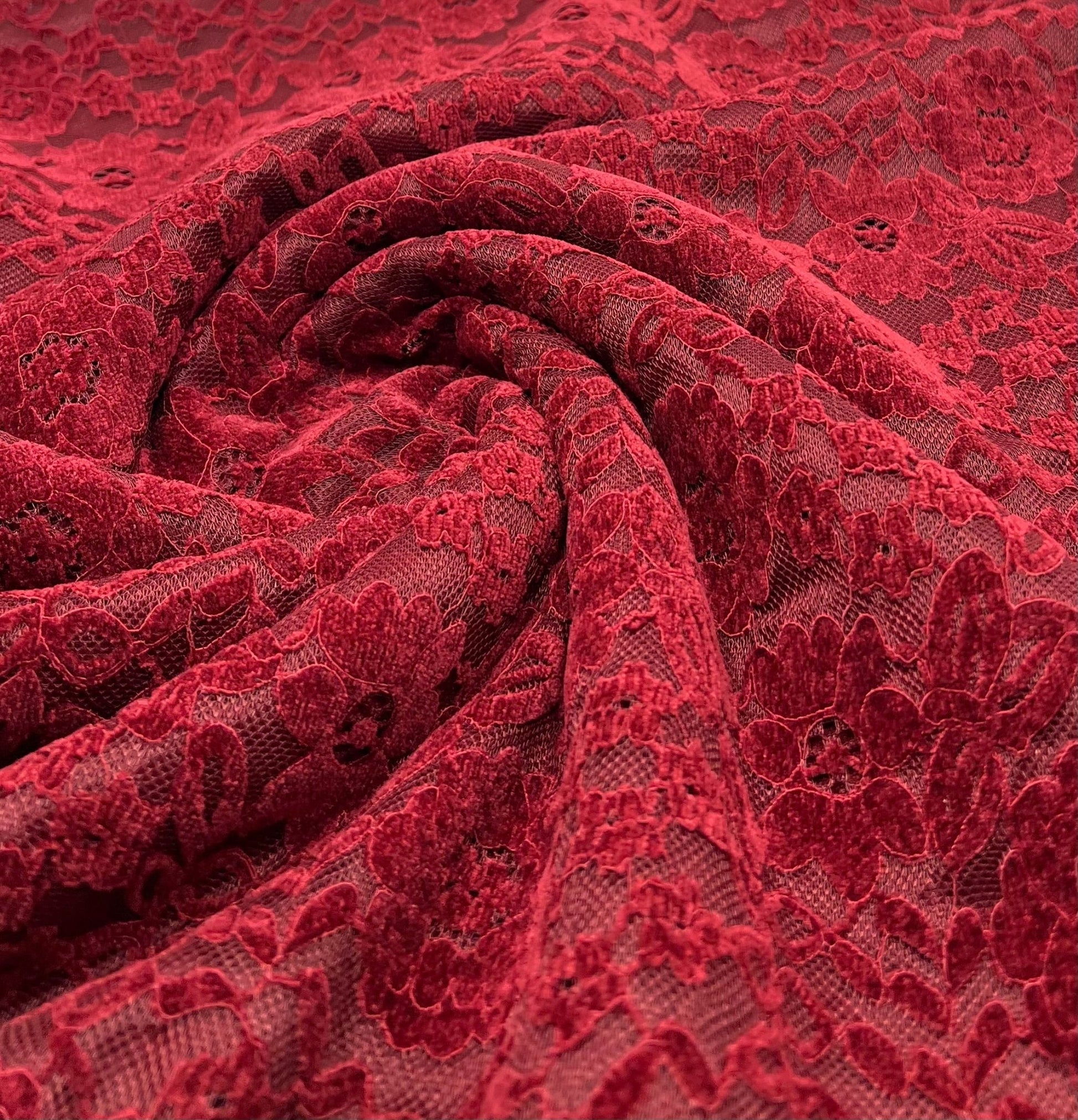 Burgundy Embossed Textured Scalloped Edge Floral Lace Fabric Stretch - T9 Fabrics