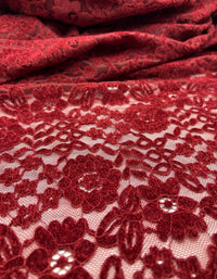 Burgundy Embossed Textured Scalloped Edge Floral Lace Fabric Stretch - T9 Fabrics
