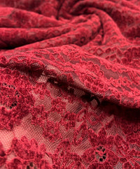 Burgundy Embossed Textured Scalloped Edge Floral Lace Fabric Stretch - T9 Fabrics