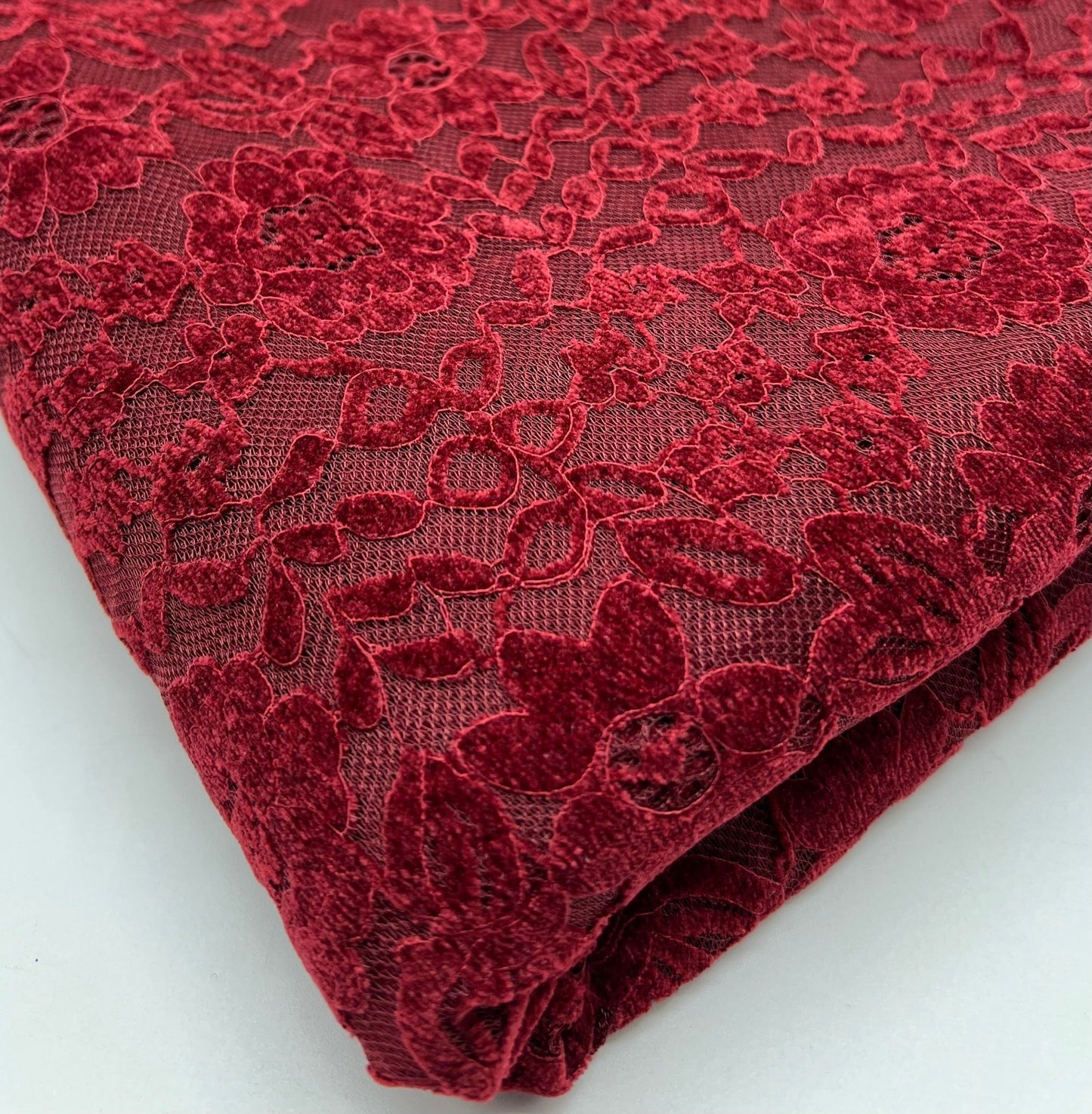 Burgundy Embossed Textured Scalloped Edge Floral Lace Fabric Stretch - T9 Fabrics