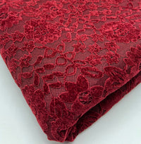 Burgundy Embossed Textured Scalloped Edge Floral Lace Fabric Stretch - T9 Fabrics