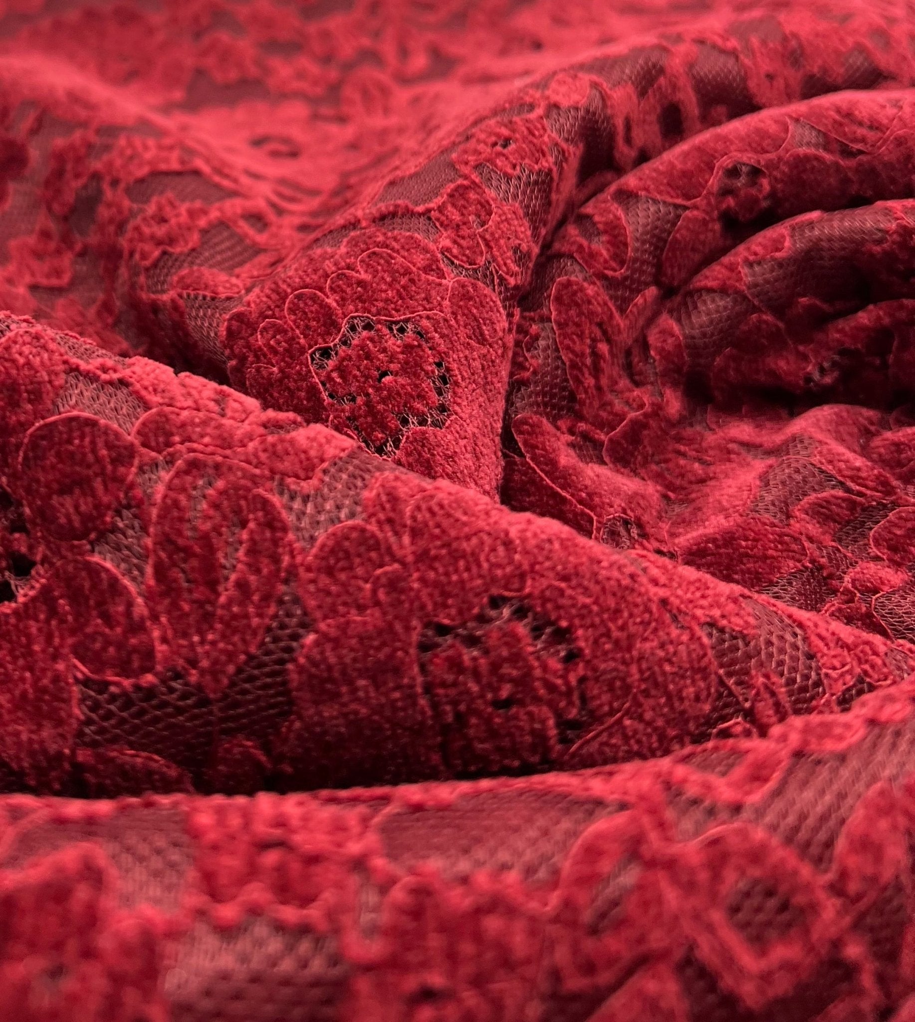 Burgundy Embossed Textured Scalloped Edge Floral Lace Fabric Stretch - T9 Fabrics