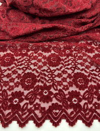 Burgundy Embossed Textured Scalloped Edge Floral Lace Fabric Stretch - T9 Fabrics