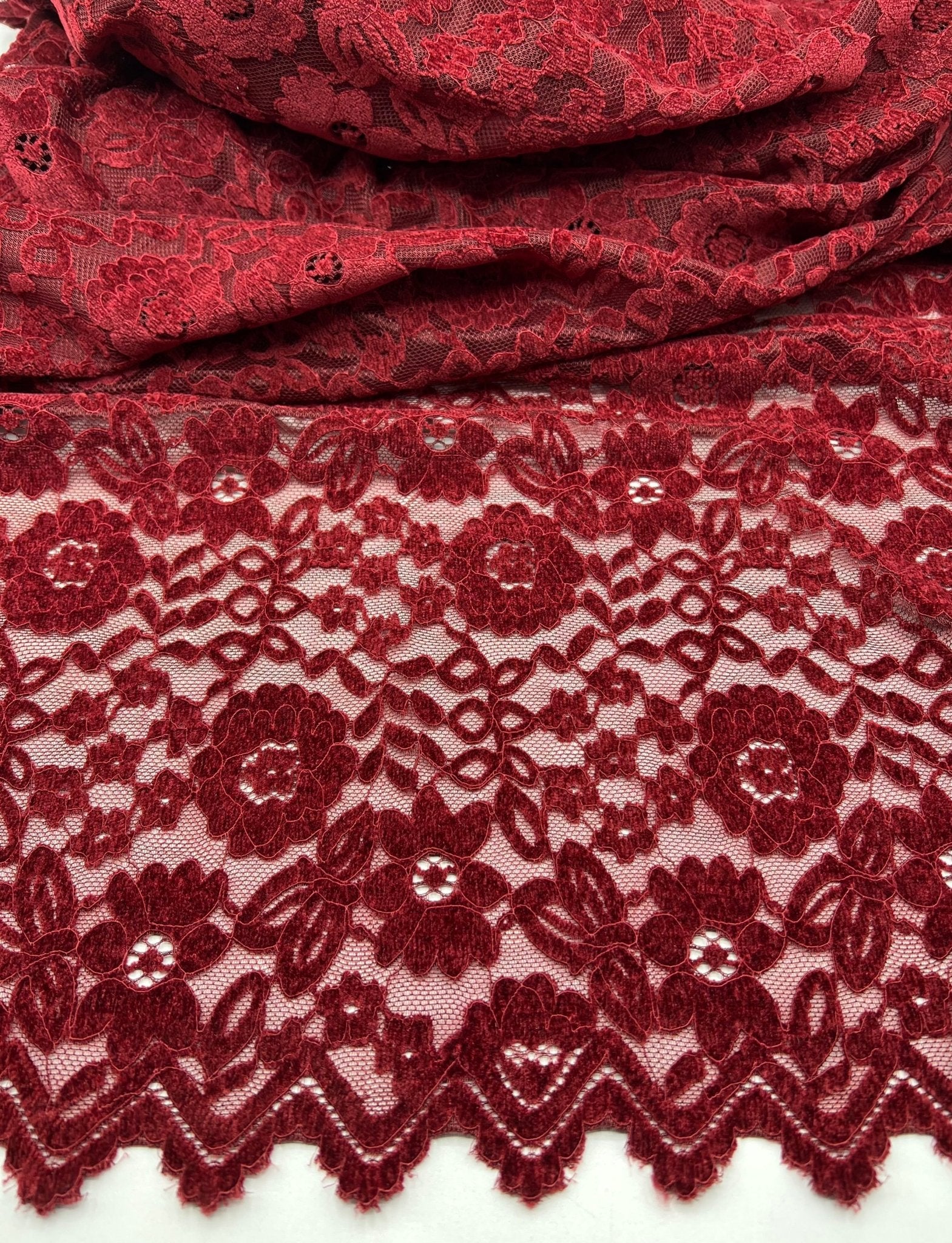 Burgundy Embossed Textured Scalloped Edge Floral Lace Fabric Stretch - T9 Fabrics