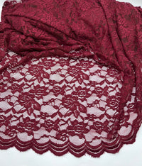 Burgundy Floral Scalloped Edge Lace Fabric Stretch - T9 Fabrics