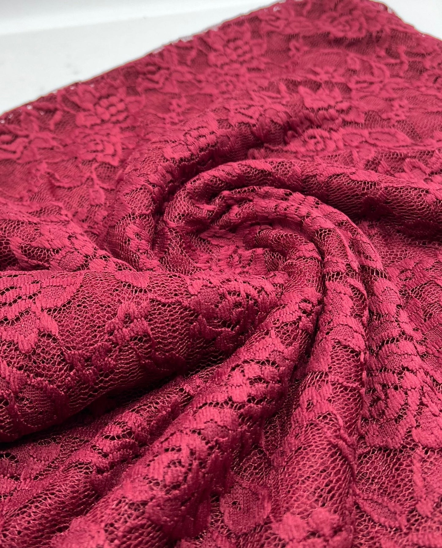 Burgundy Floral Scalloped Edge Lace Fabric Stretch - T9 Fabrics