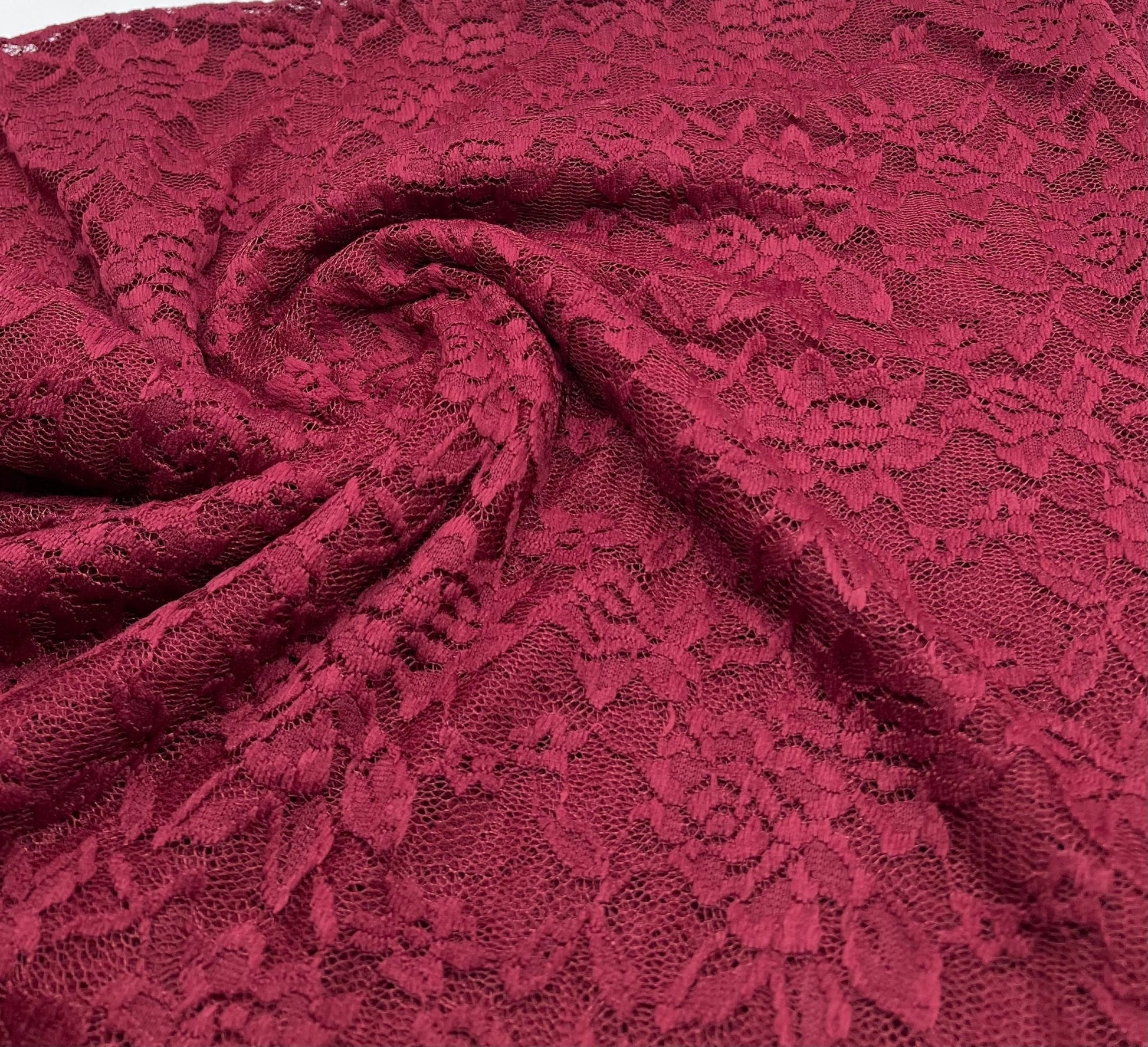 Burgundy Floral Scalloped Edge Lace Fabric Stretch - T9 Fabrics