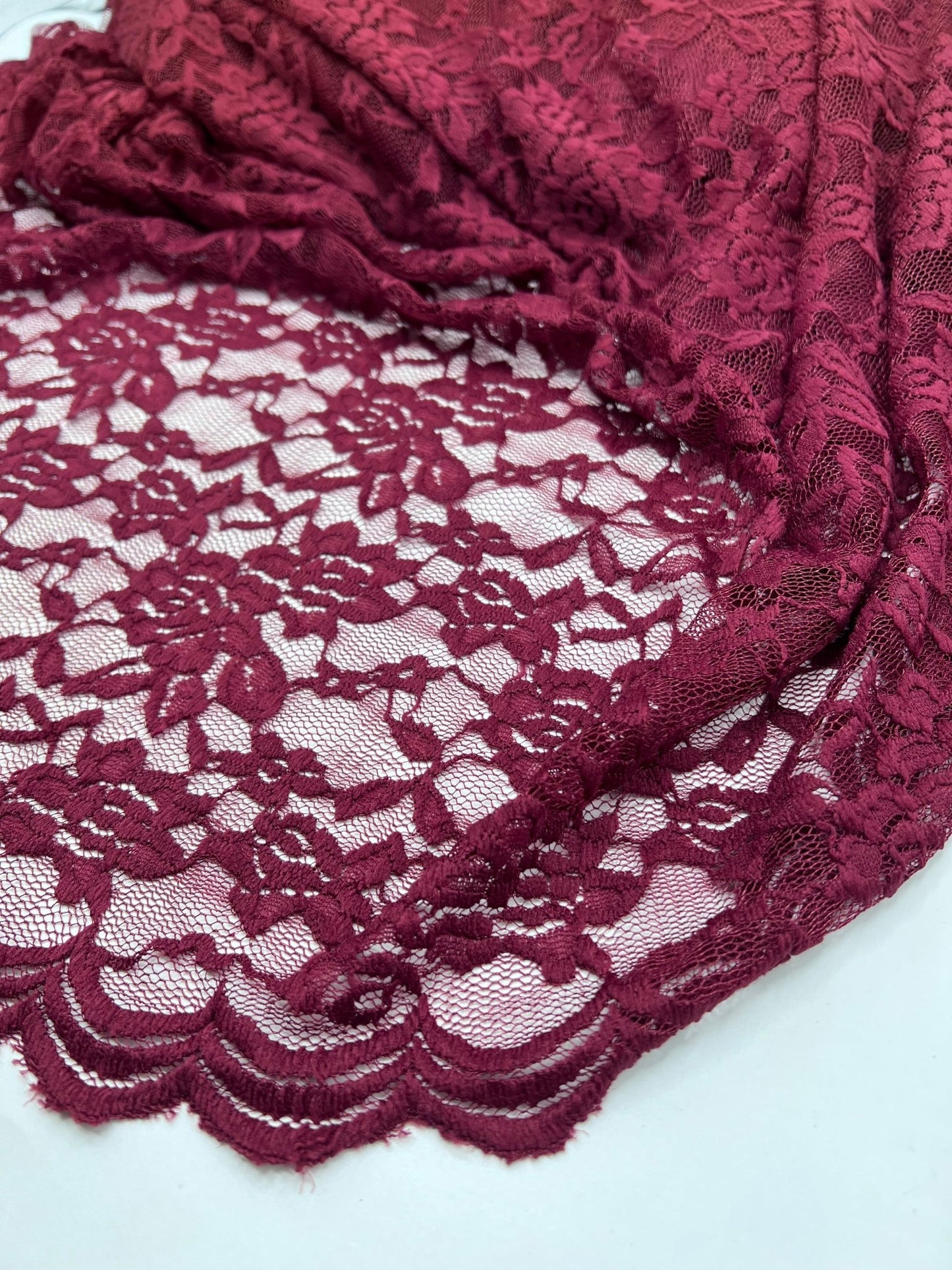 Burgundy Floral Scalloped Edge Lace Fabric Stretch - T9 Fabrics