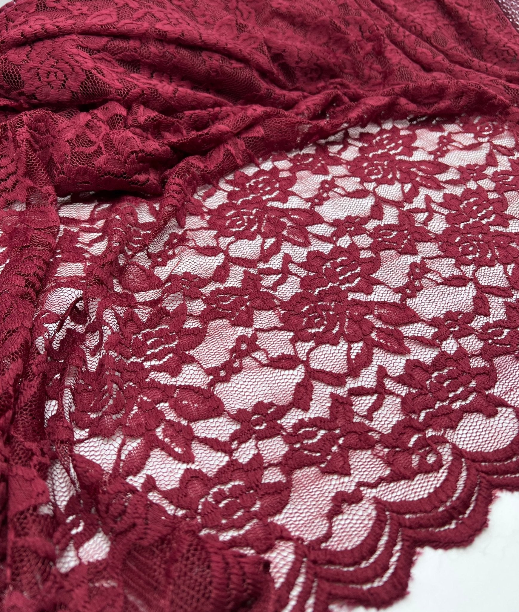 Burgundy Floral Scalloped Edge Lace Fabric Stretch - T9 Fabrics