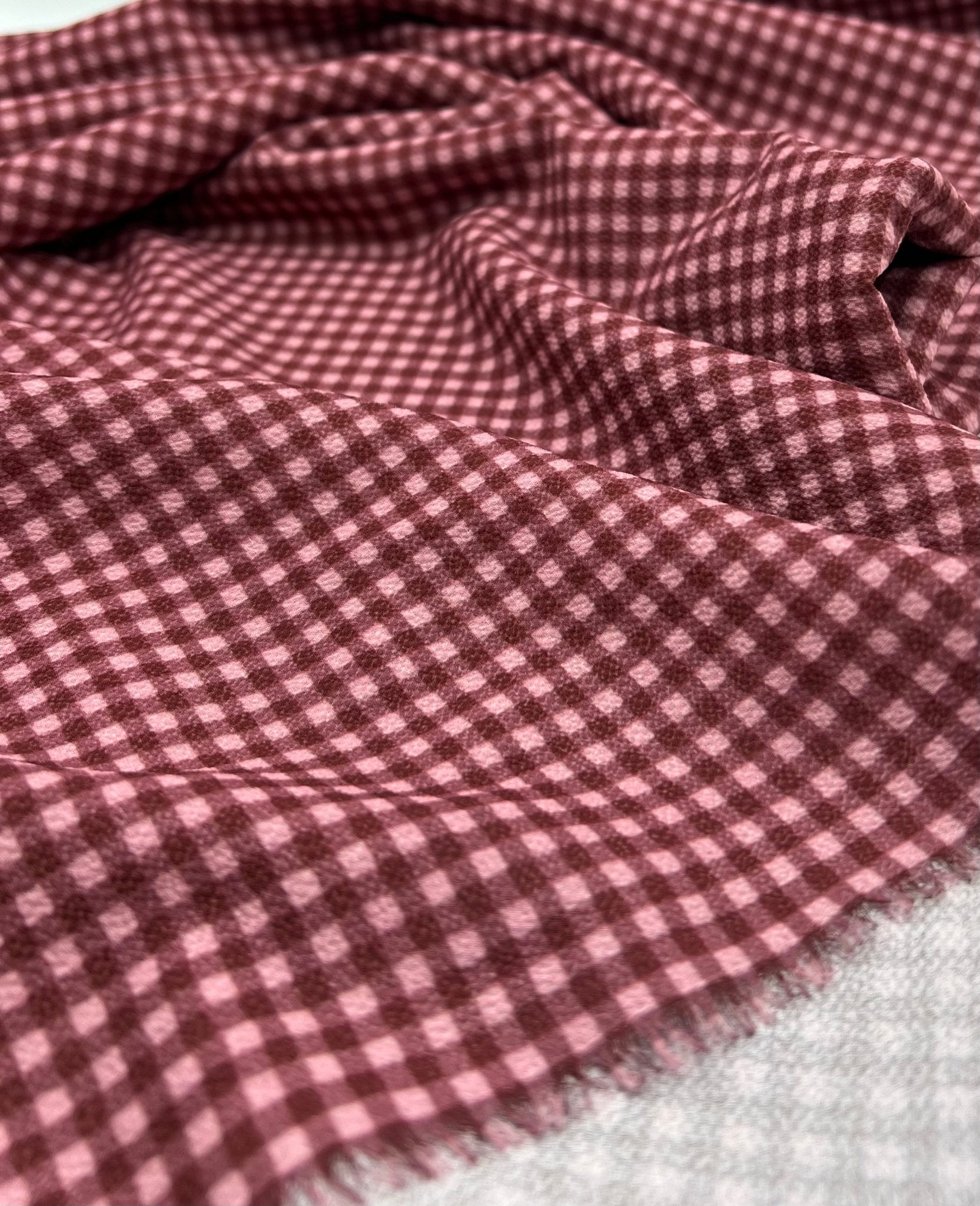 Burgundy Gingham Check Print Lightweight Bubble Crepe Fabric - T9 Fabrics