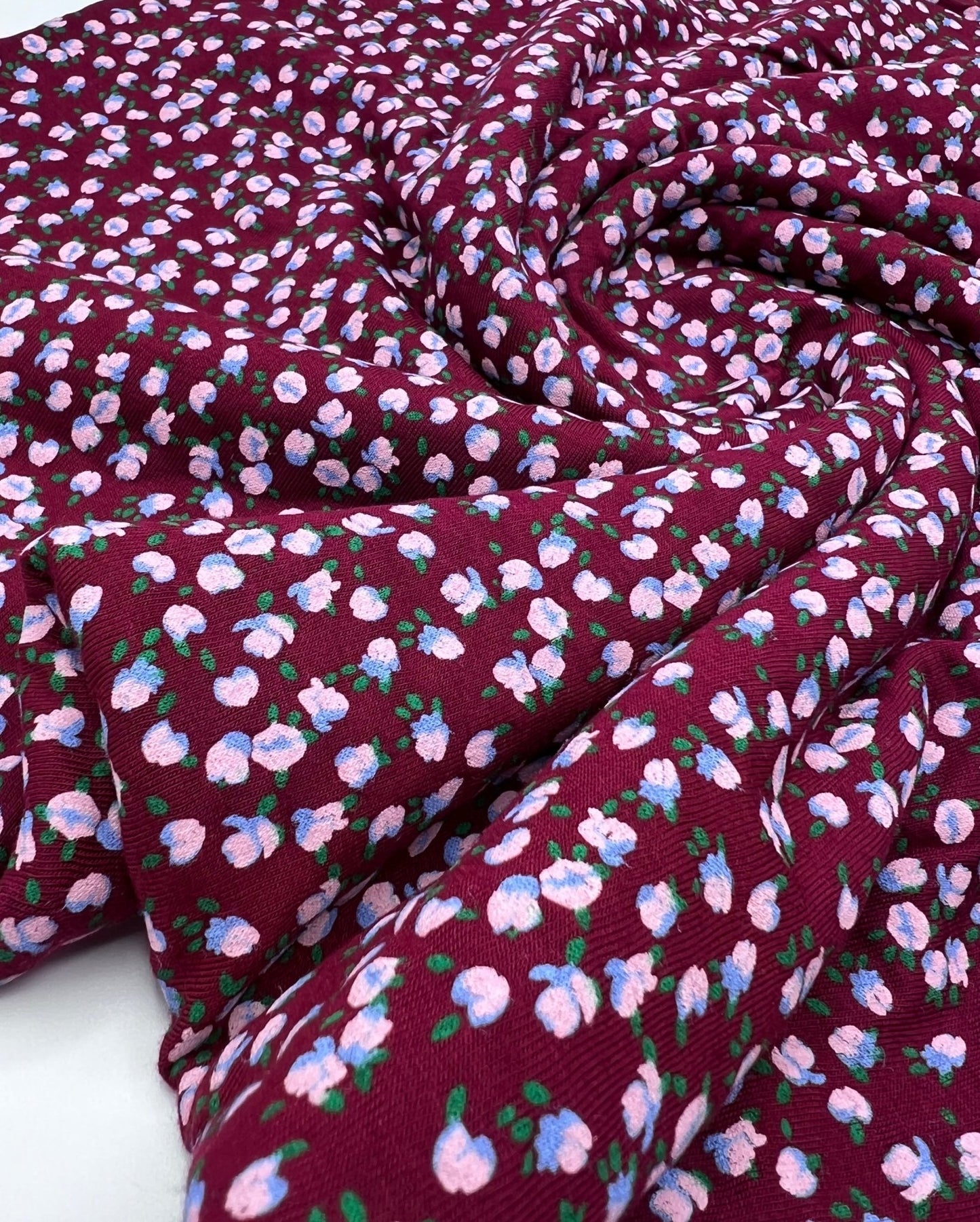 Burgundy Lilac Ditsy Floral Print Viscose Elastane Fabric - T9 Fabrics