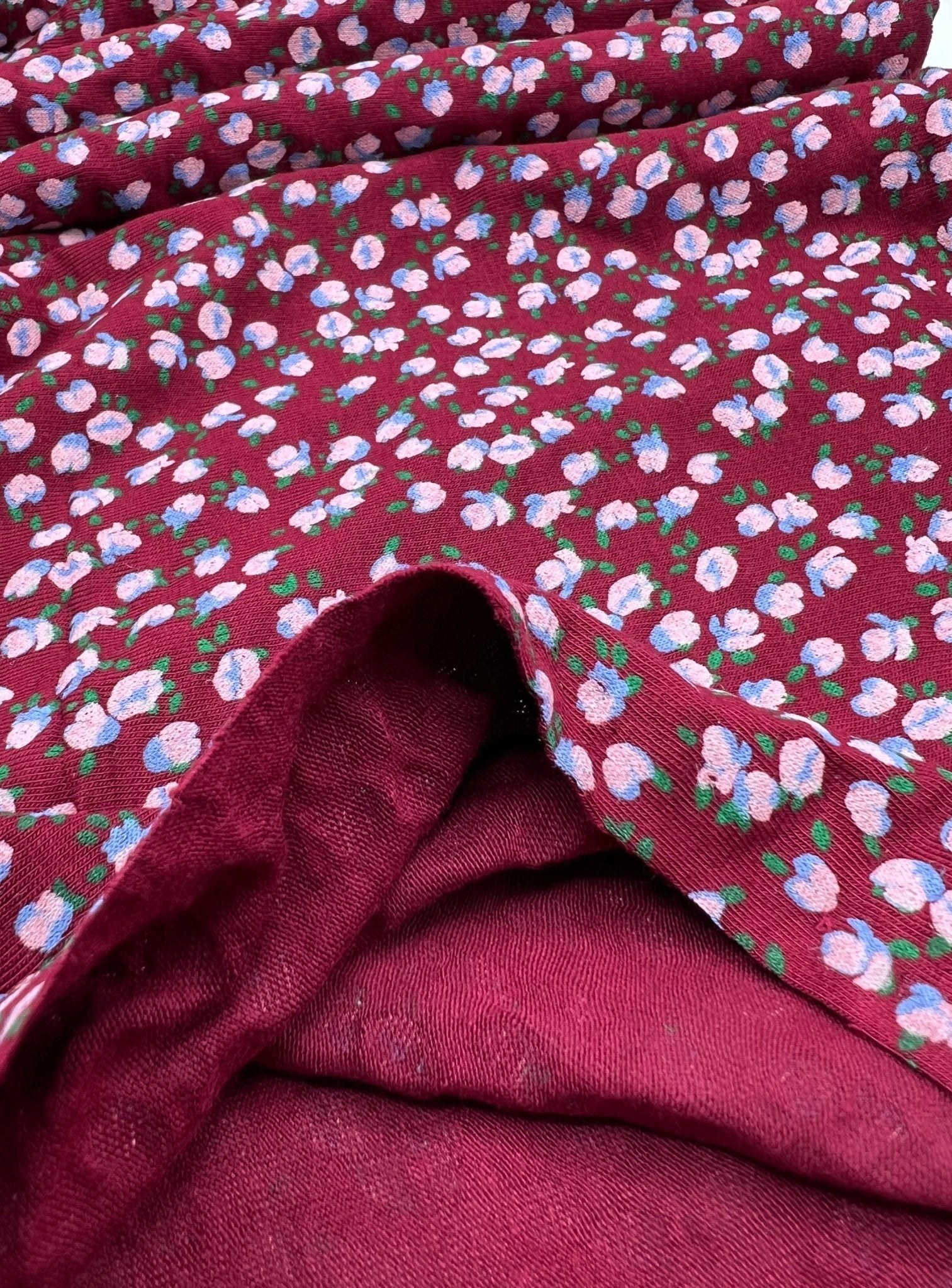 Burgundy Lilac Ditsy Floral Print Viscose Elastane Fabric - T9 Fabrics