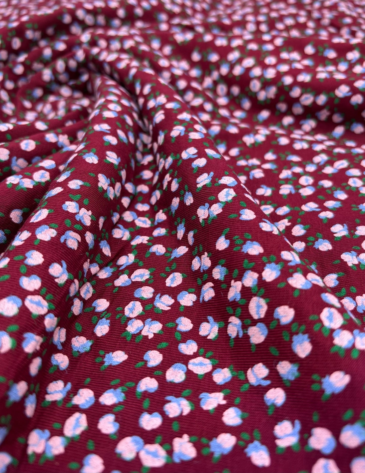 Burgundy Lilac Ditsy Floral Print Viscose Elastane Fabric - T9 Fabrics