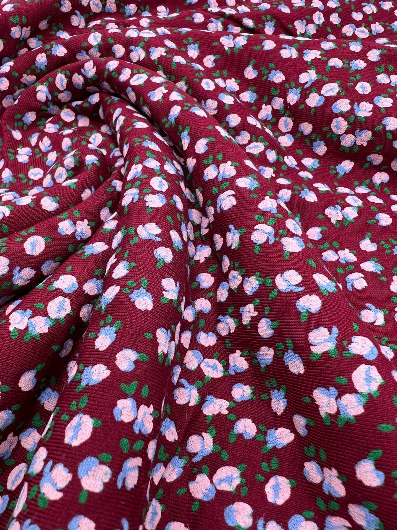 Burgundy Lilac Ditsy Floral Print Viscose Elastane Fabric - T9 Fabrics