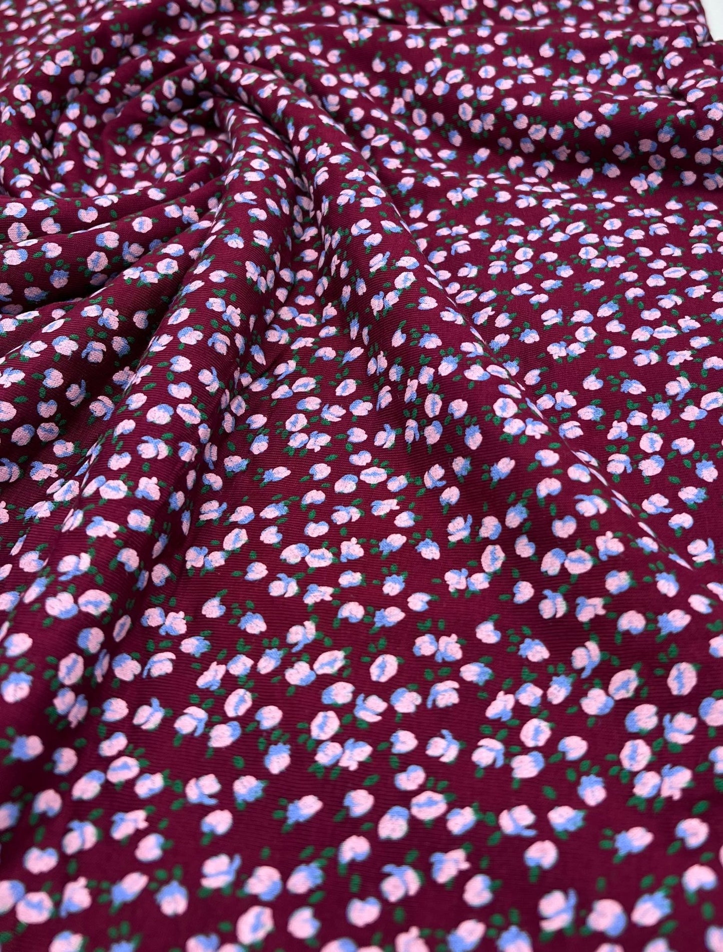 Burgundy Lilac Ditsy Floral Print Viscose Elastane Fabric - T9 Fabrics