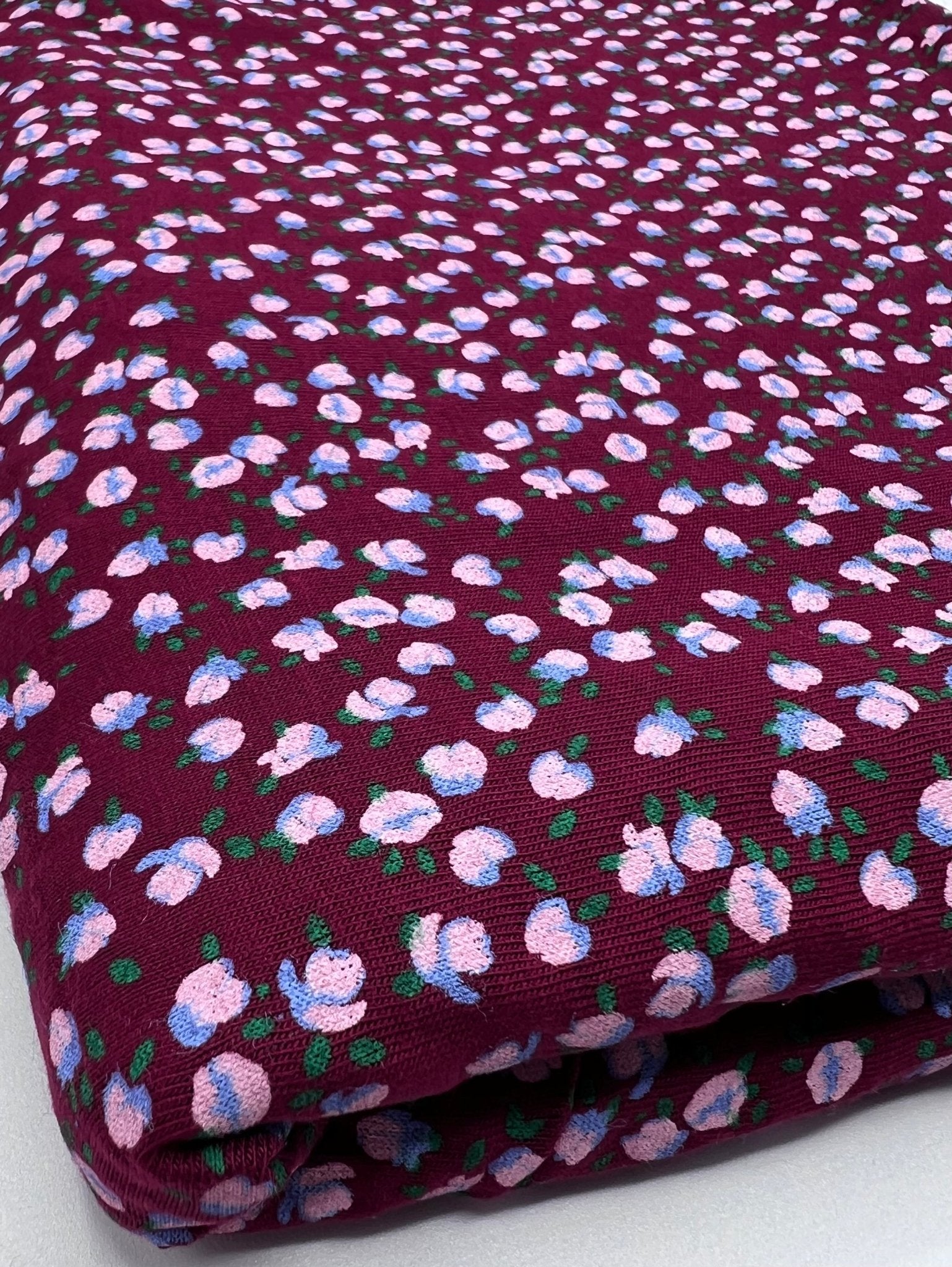 Burgundy Lilac Ditsy Floral Print Viscose Elastane Fabric - T9 Fabrics