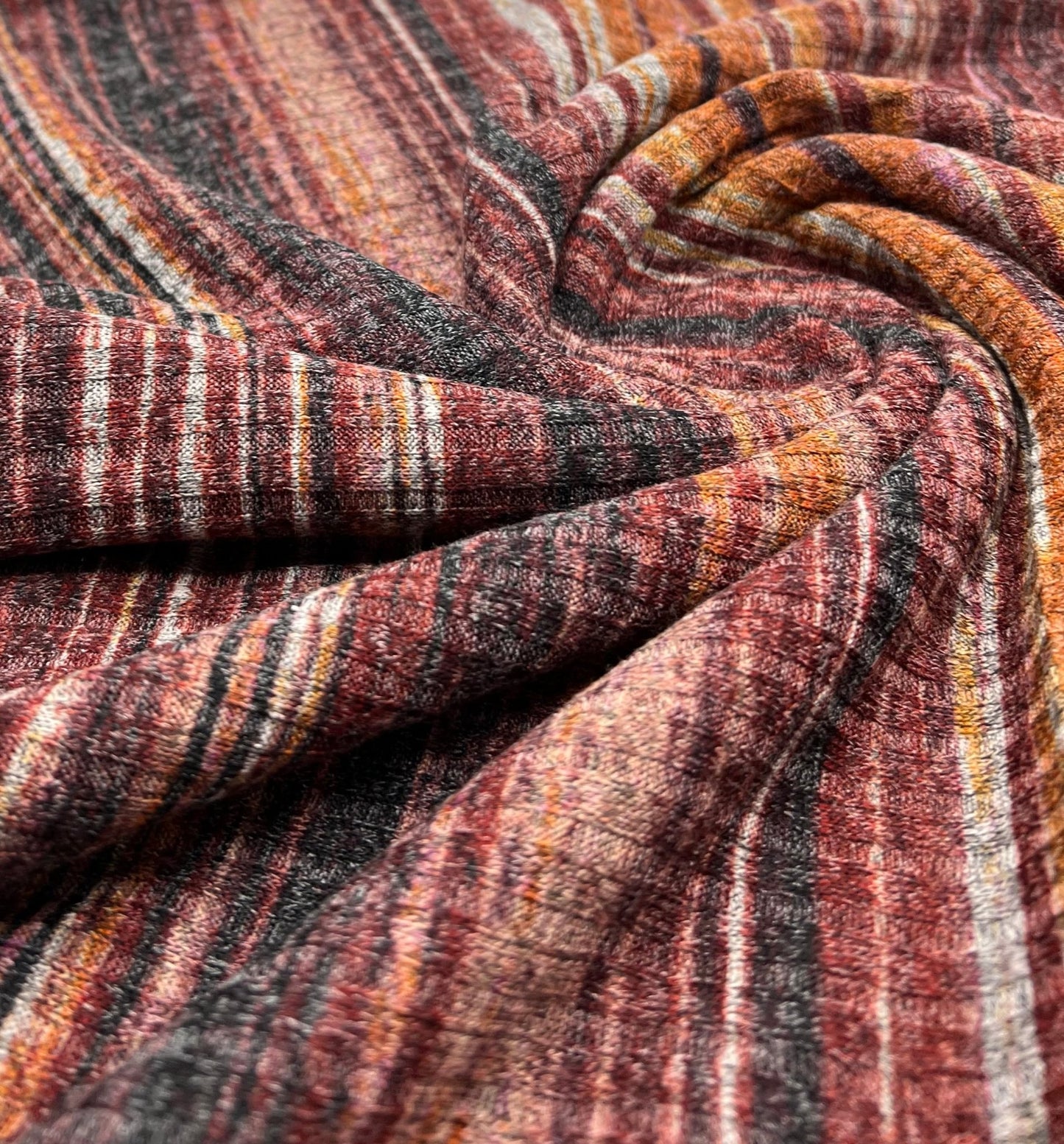 Burgundy Multi Stripe Print 8x4 Wide Rib Stretch Fabric - T9 Fabrics