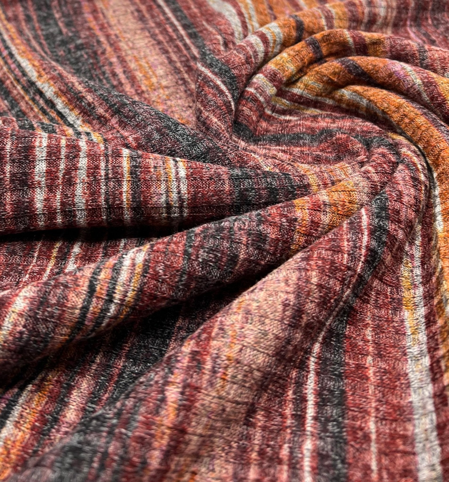 Burgundy Multi Stripe Print 8x4 Wide Rib Stretch Fabric - T9 Fabrics