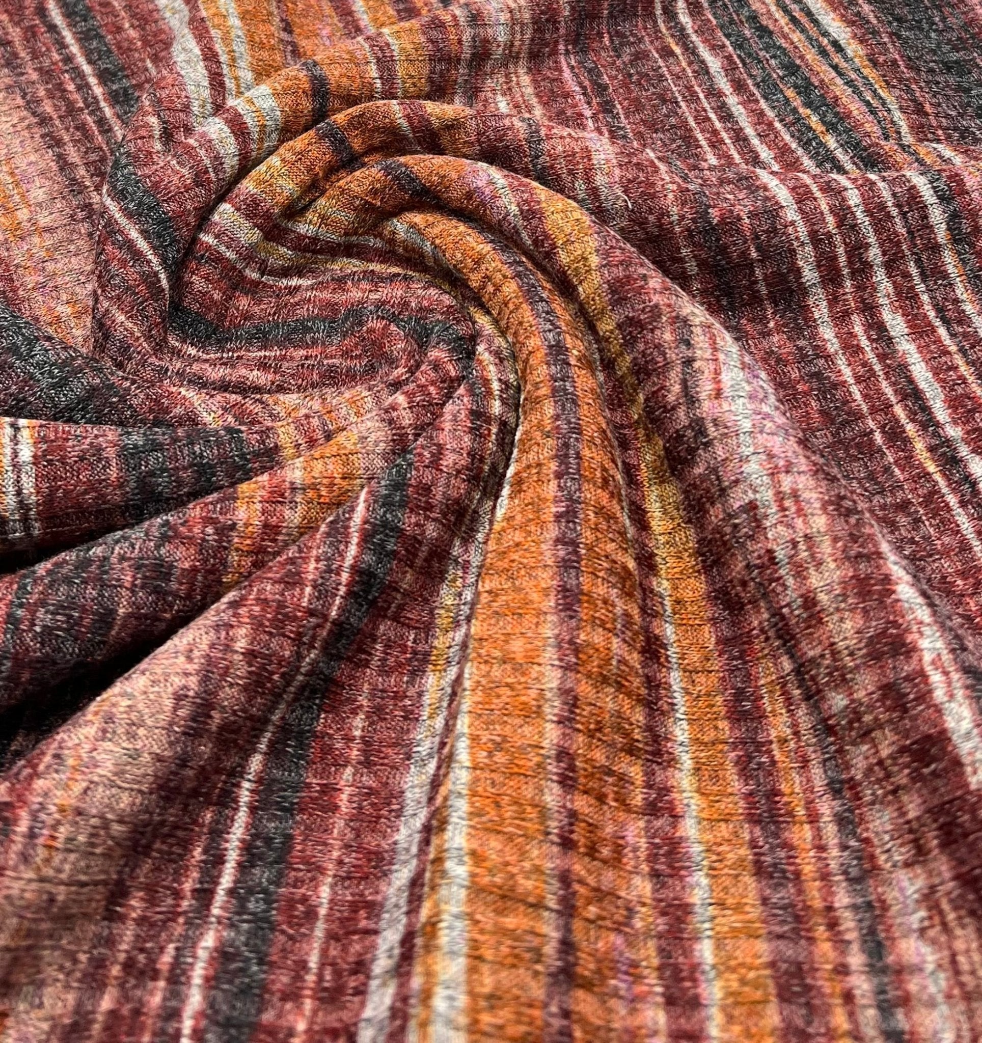 Burgundy Multi Stripe Print 8x4 Wide Rib Stretch Fabric - T9 Fabrics