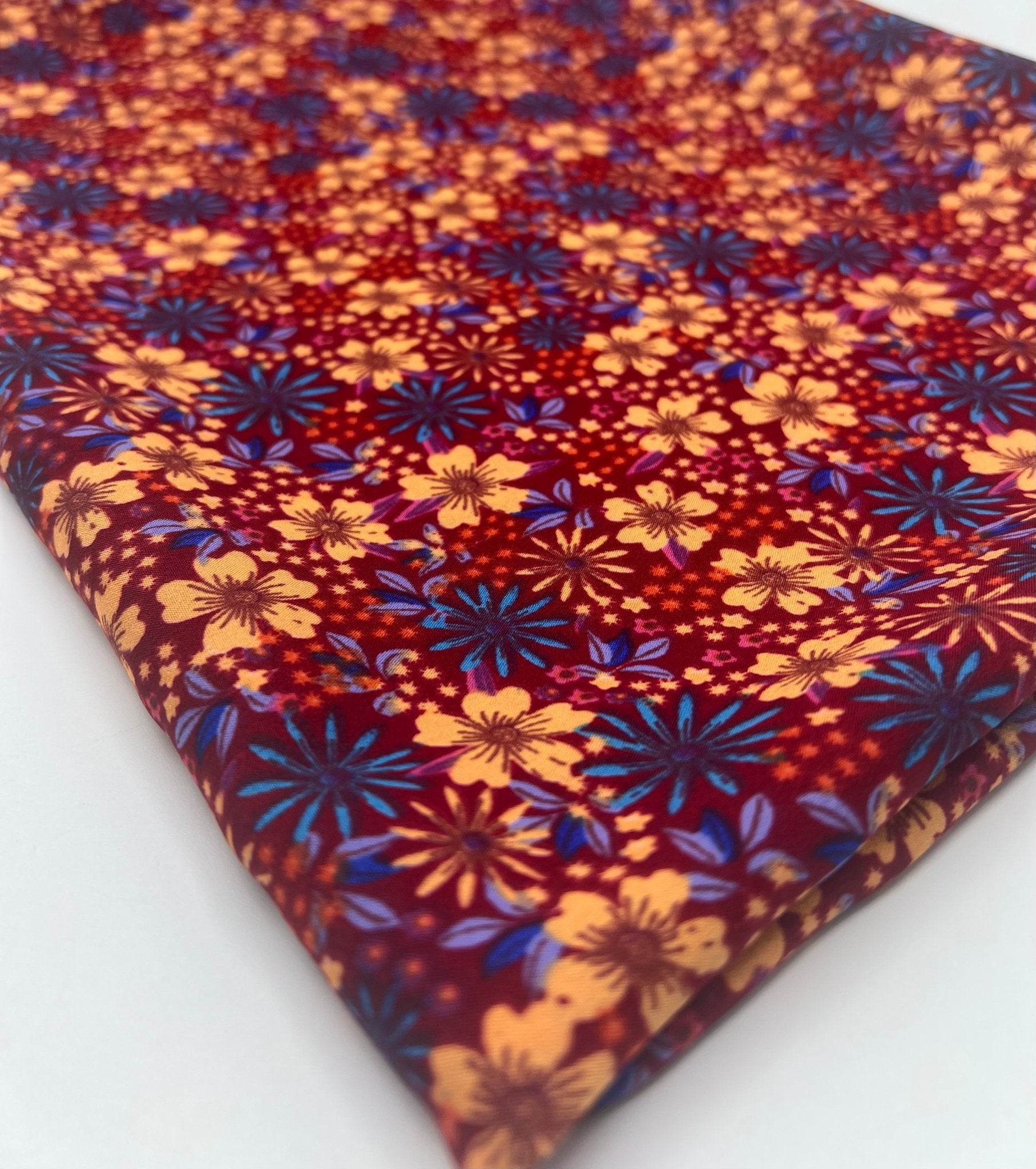 Burgundy Red Blue Floral Lightweight Non Stretch Woven Fabric - T9 Fabrics