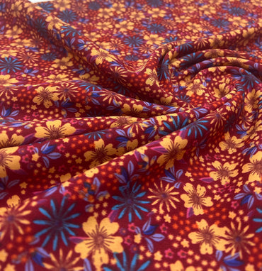 Burgundy Red Blue Floral Lightweight Non Stretch Woven Fabric - T9 Fabrics