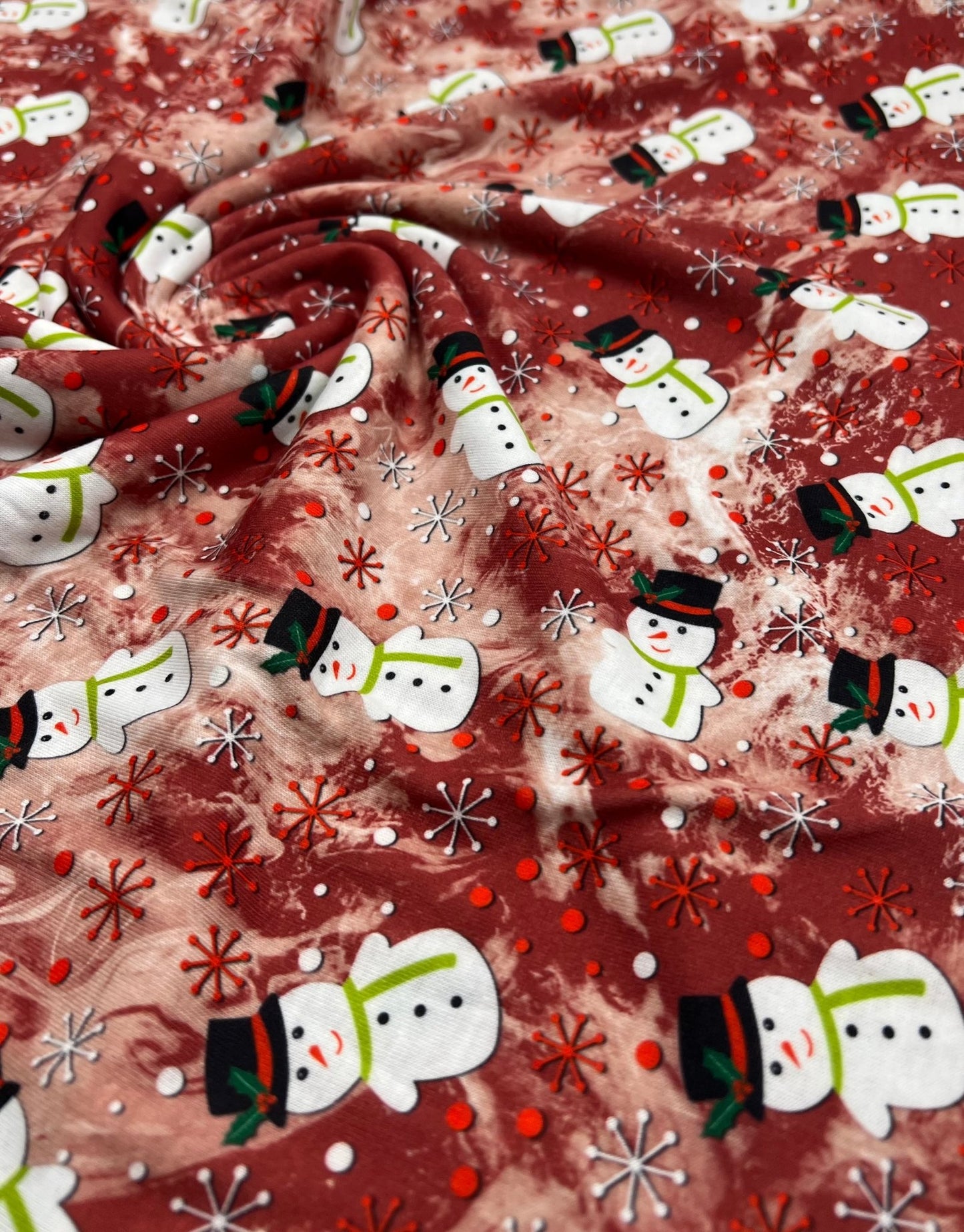 Burgundy Red Snowman Print Soft Spun Poly Stretch Fabric - T9 Fabrics