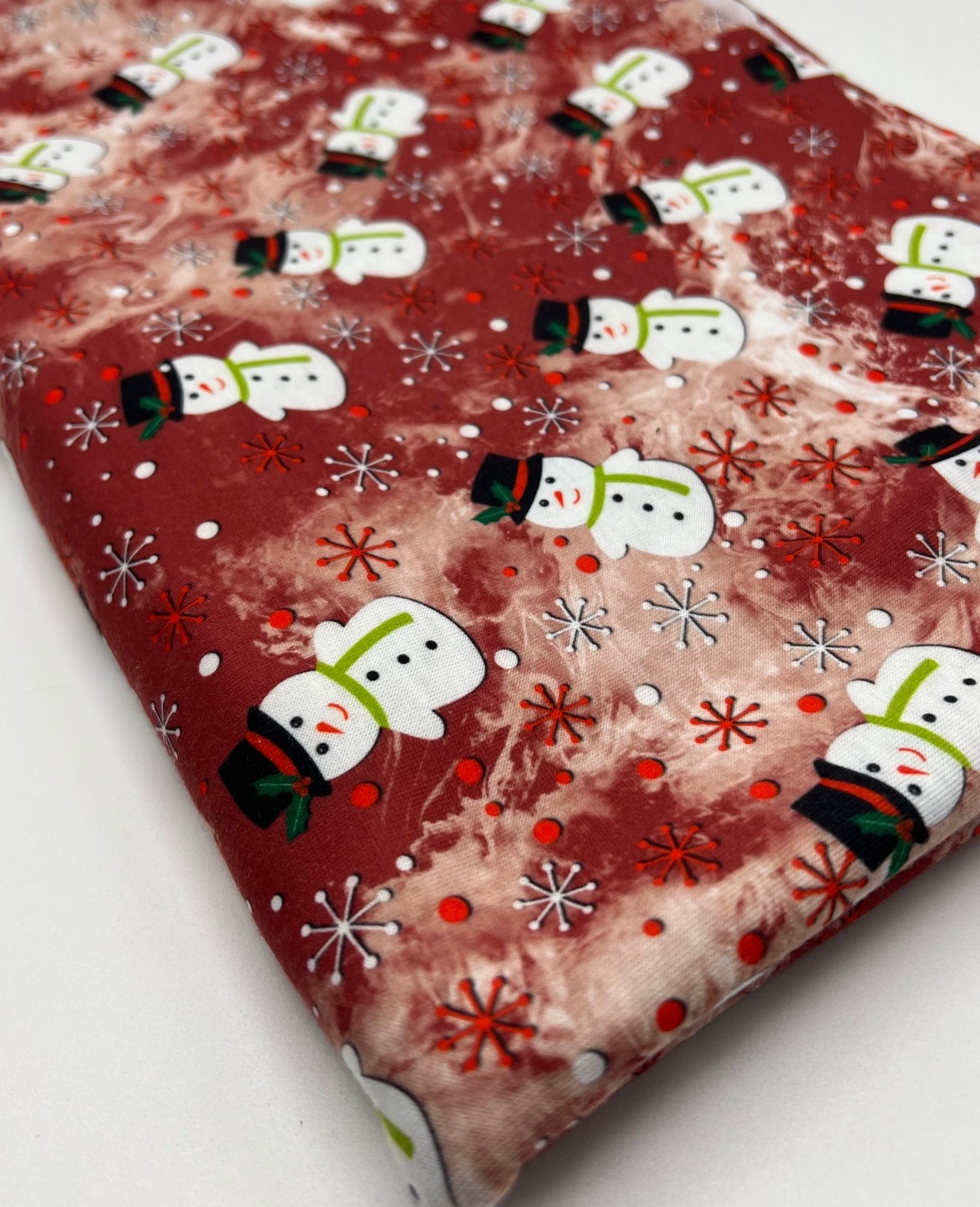 Burgundy Red Snowman Print Soft Spun Poly Stretch Fabric - T9 Fabrics