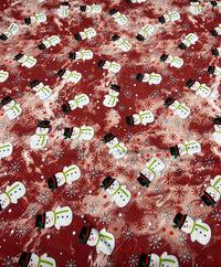 Burgundy Red Snowman Print Soft Spun Poly Stretch Fabric - T9 Fabrics