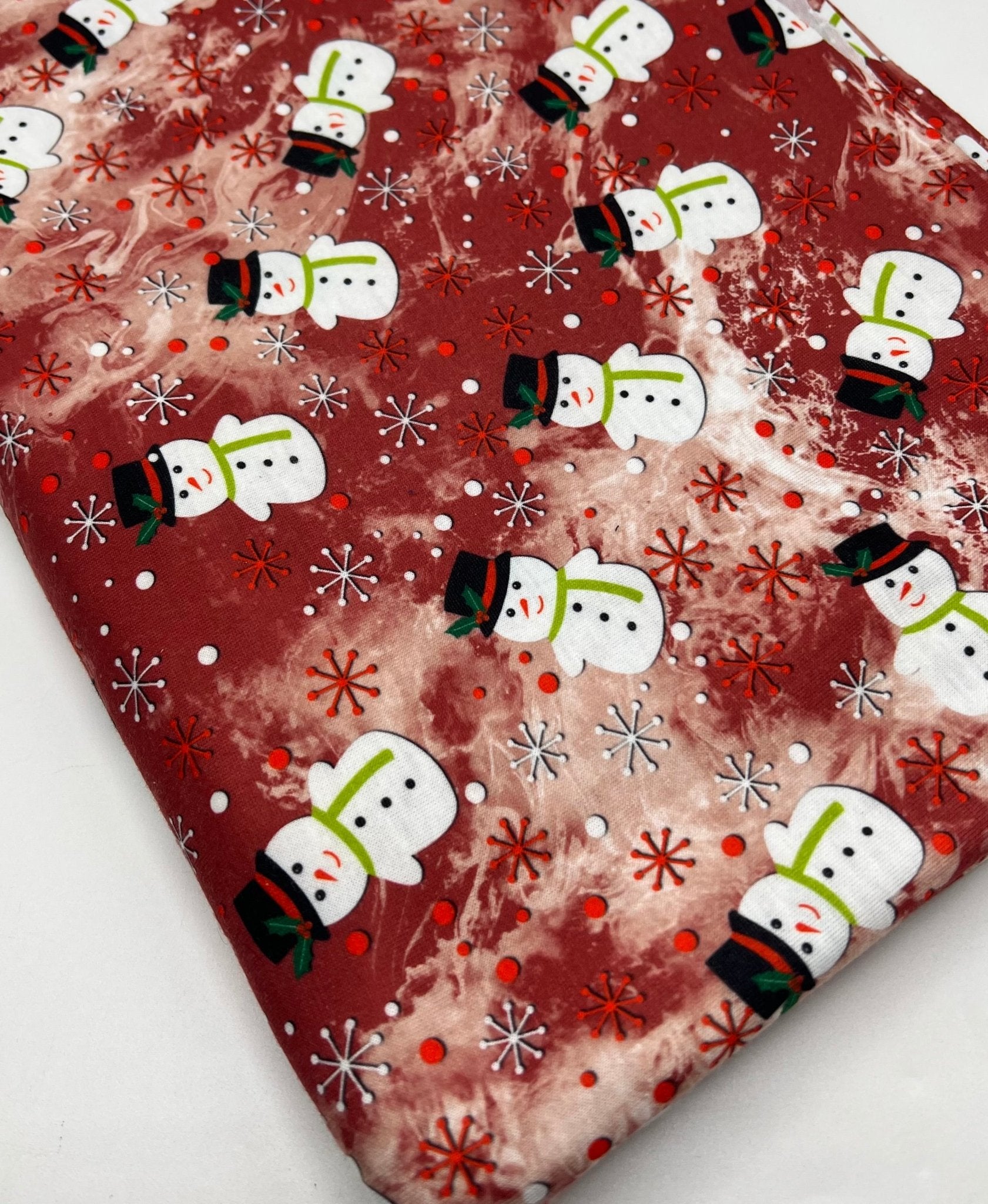 Burgundy Red Snowman Print Soft Spun Poly Stretch Fabric - T9 Fabrics