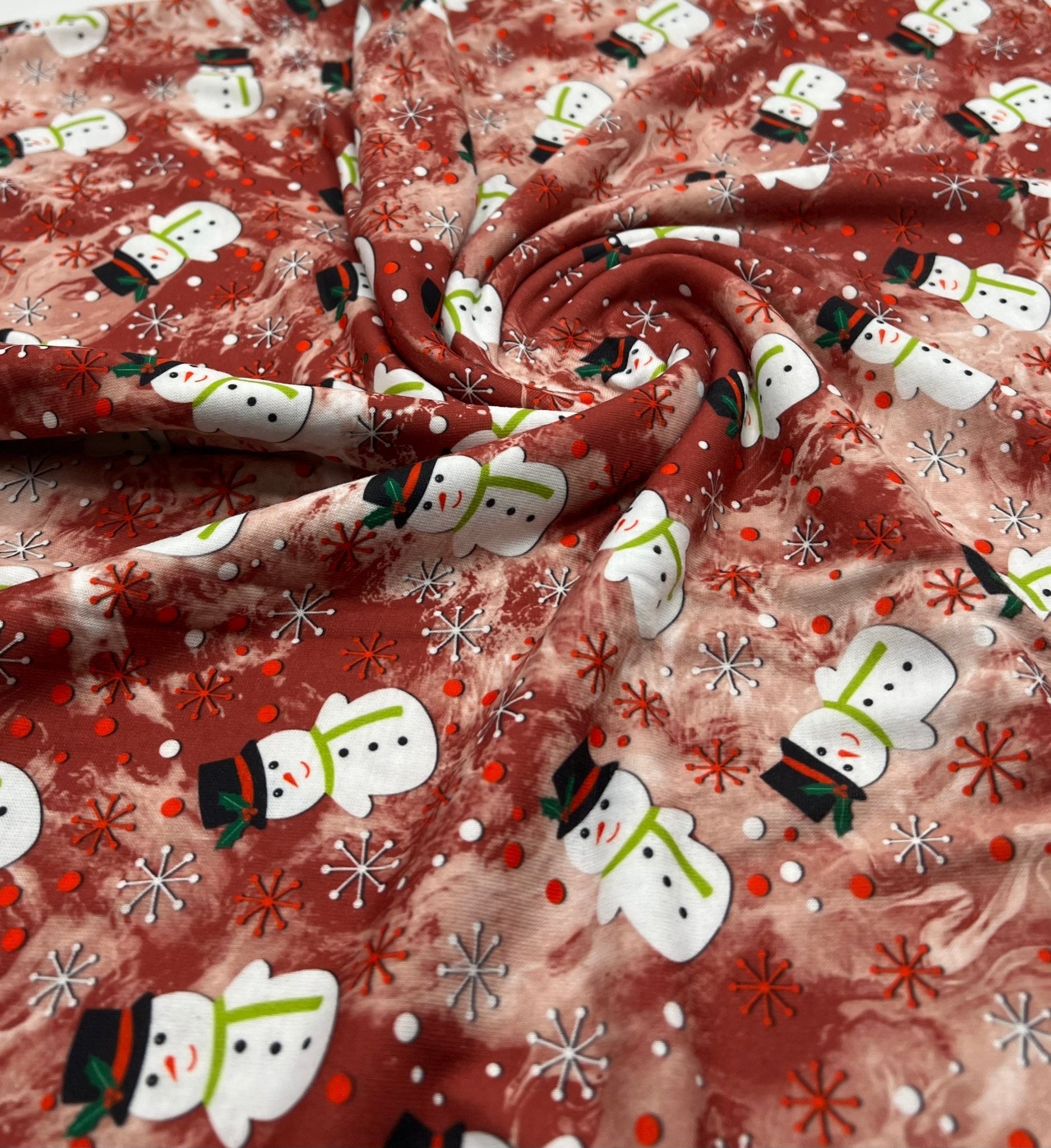 Burgundy Red Snowman Print Soft Spun Poly Stretch Fabric - T9 Fabrics