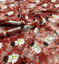 Burgundy Red Snowman Print Soft Spun Poly Stretch Fabric - T9 Fabrics