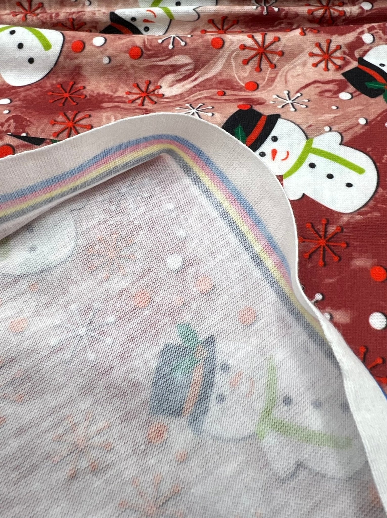 Burgundy Red Snowman Print Soft Spun Poly Stretch Fabric - T9 Fabrics