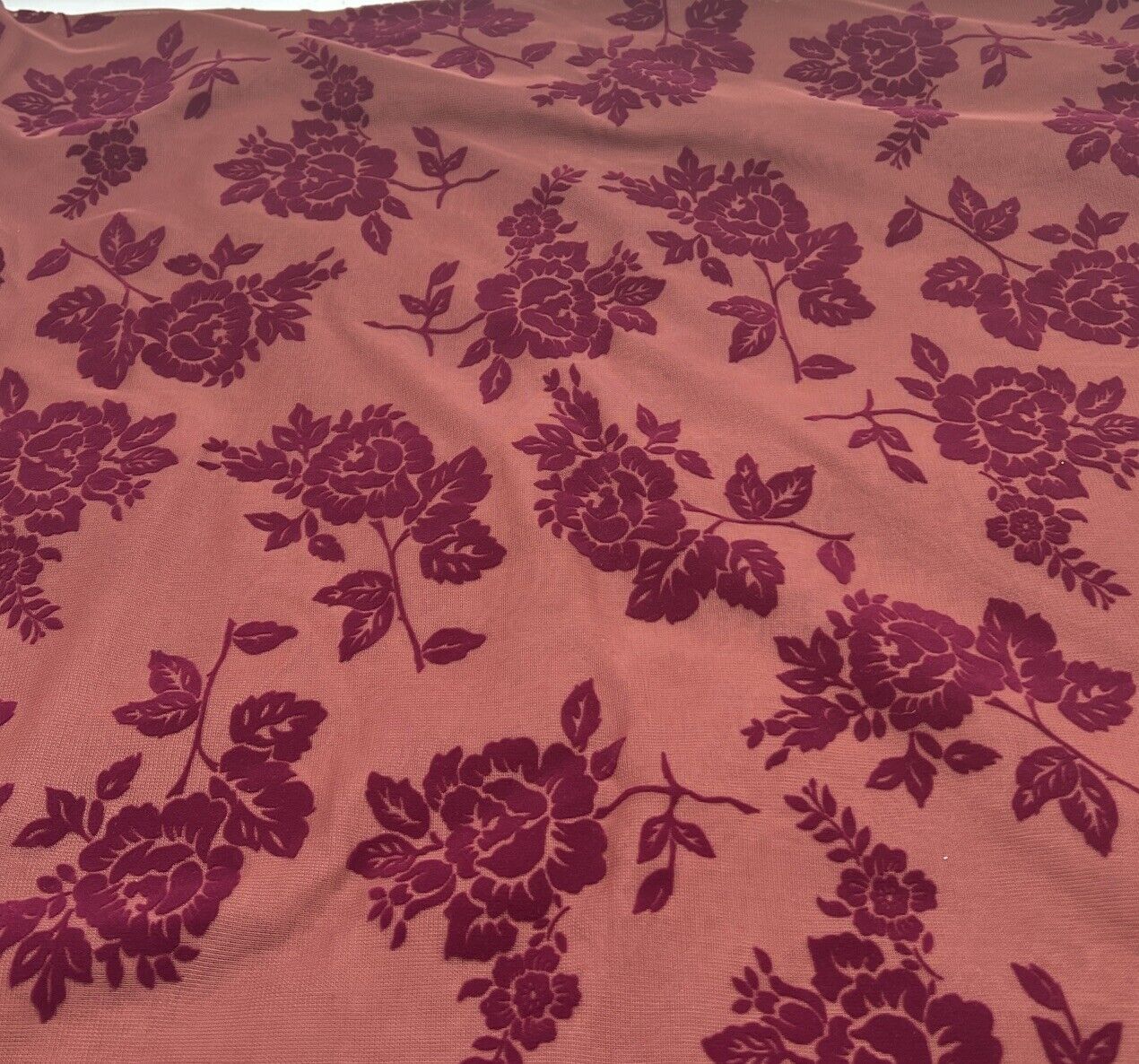 Burgundy Textured Floral Mesh Fabric Stretch - T9 Fabrics