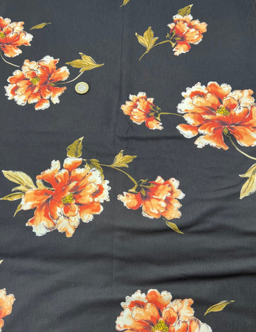 Burnt Orange Floral Print Spun Poly Stretch Fabric - T9 Fabrics