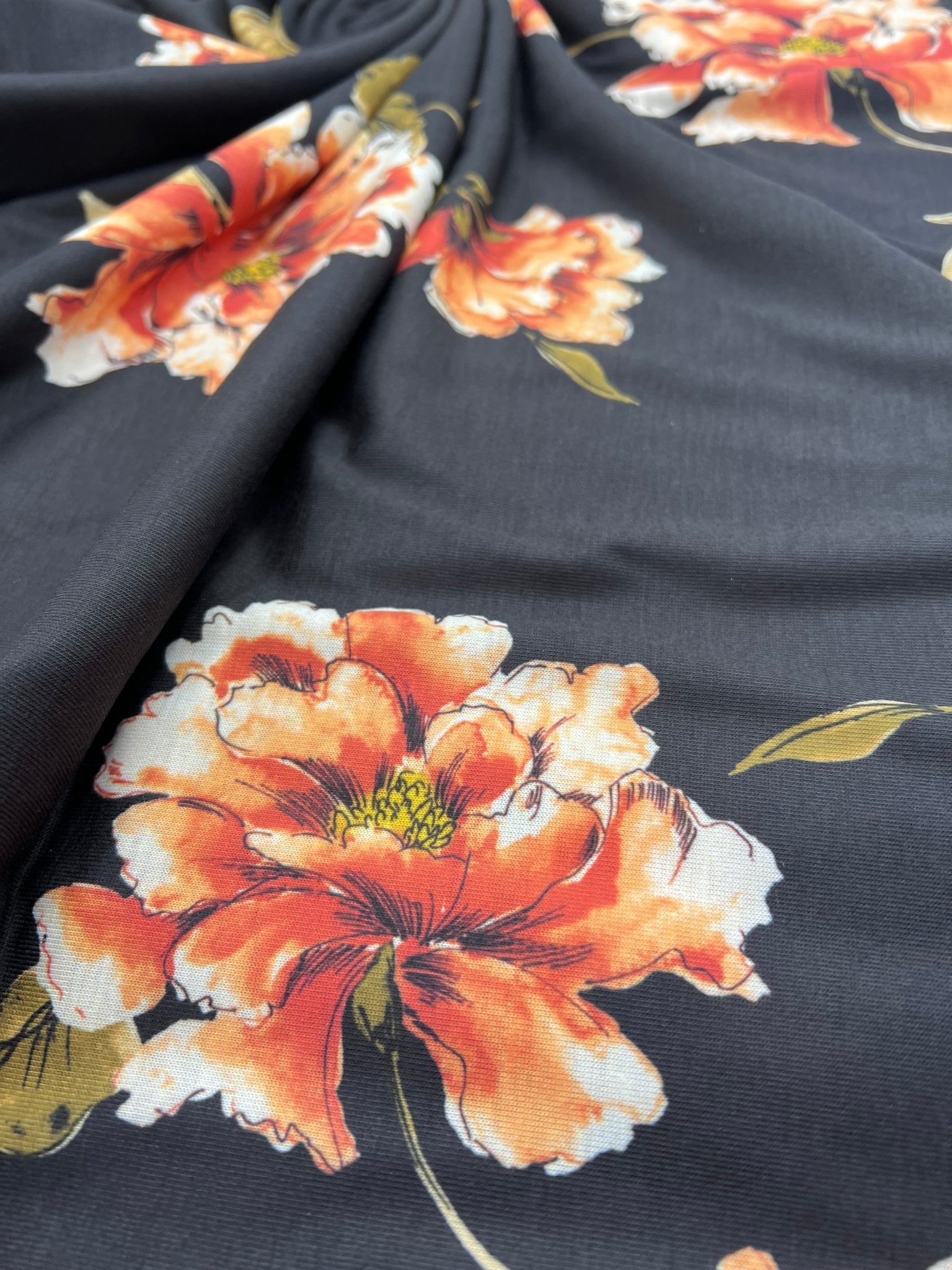 Burnt Orange Floral Print Spun Poly Stretch Fabric - T9 Fabrics