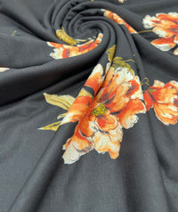 Burnt Orange Floral Print Spun Poly Stretch Fabric - T9 Fabrics