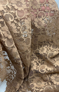 Camel Scalloped Edge Floral Lace Fabric Stretch - T9 Fabrics