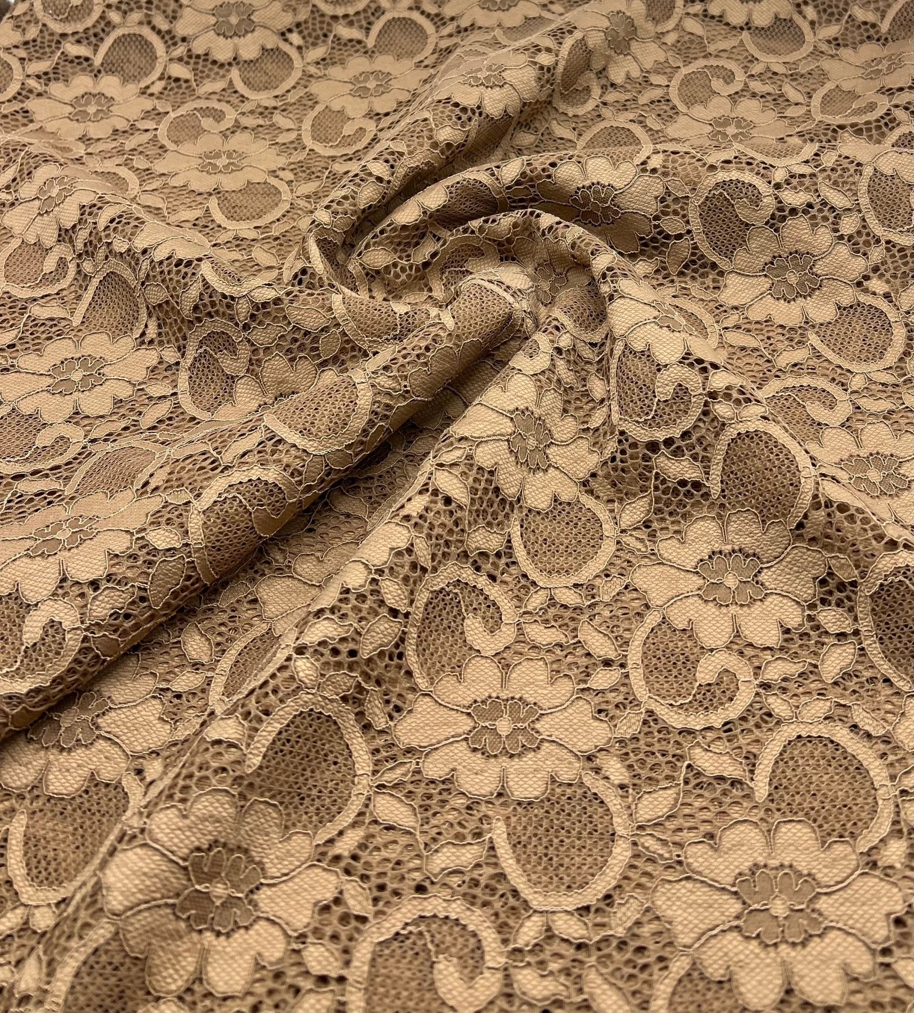 Camel Scalloped Edge Floral Lace Fabric Stretch - T9 Fabrics