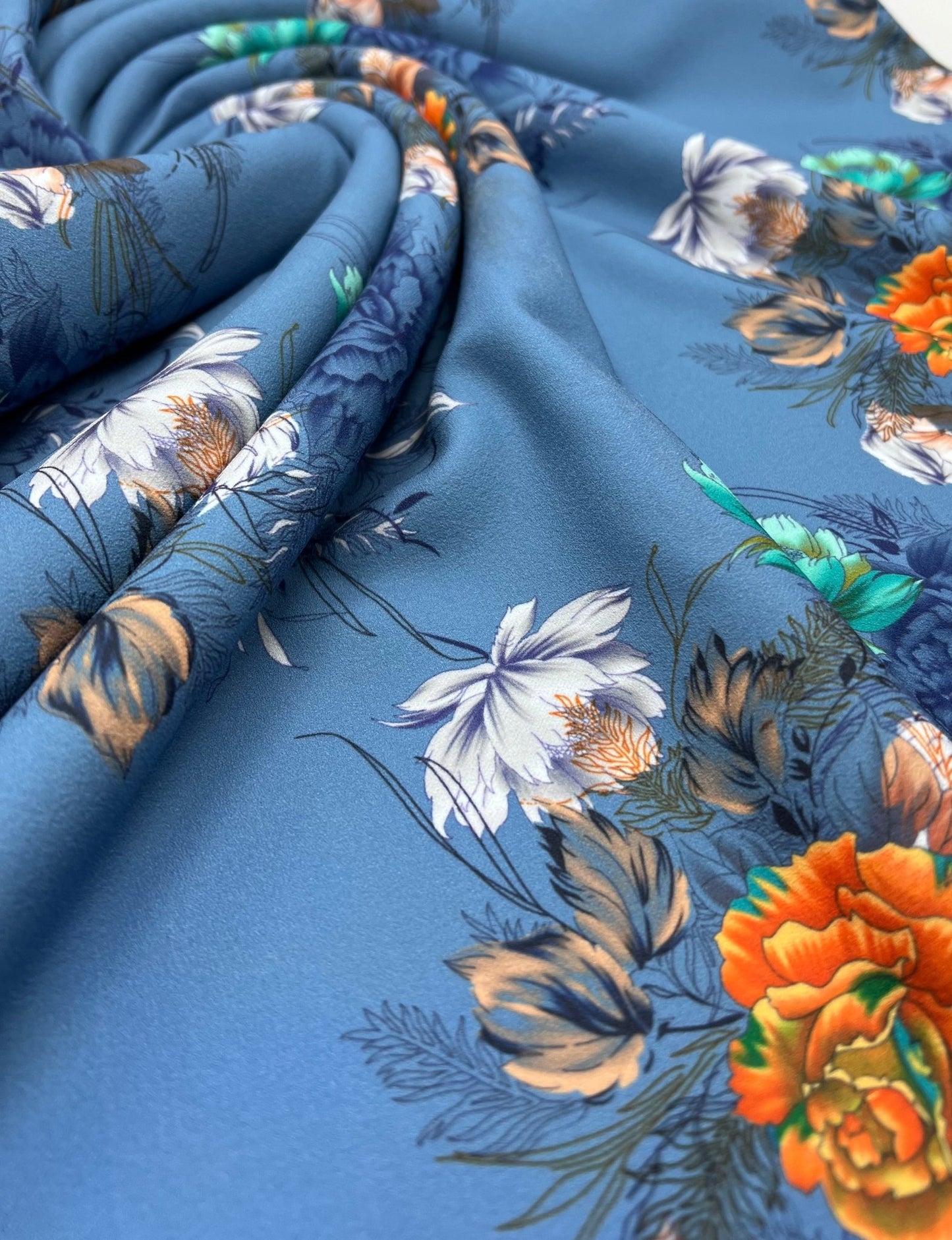 Charcoal Blue Floral Printed Scuba Crepe Jersey Fabric 4 Way Stretch - T9 Fabrics