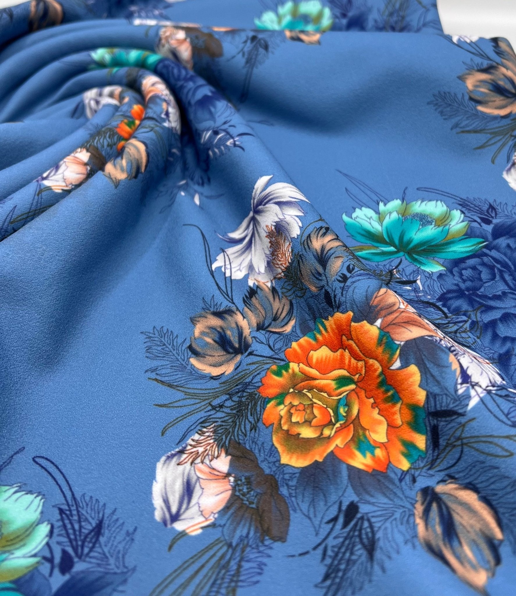 Charcoal Blue Floral Printed Scuba Crepe Jersey Fabric 4 Way Stretch - T9 Fabrics