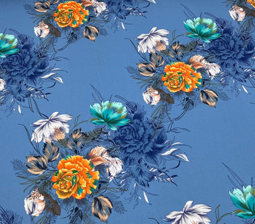 Charcoal Blue Floral Printed Scuba Crepe Jersey Fabric 4 Way Stretch - T9 Fabrics