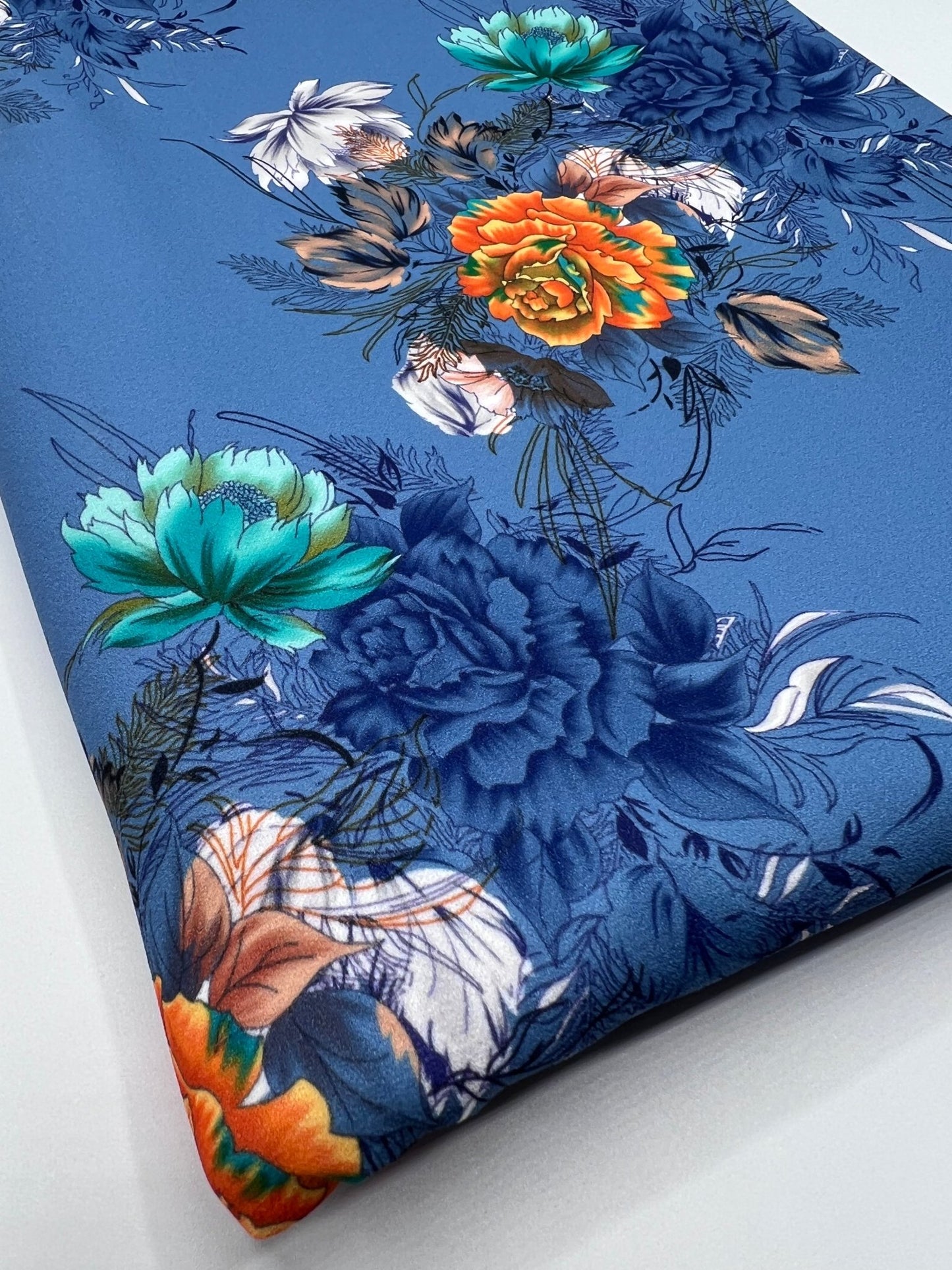 Charcoal Blue Floral Printed Scuba Crepe Jersey Fabric 4 Way Stretch - T9 Fabrics