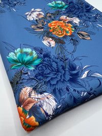 Charcoal Blue Floral Printed Scuba Crepe Jersey Fabric 4 Way Stretch - T9 Fabrics