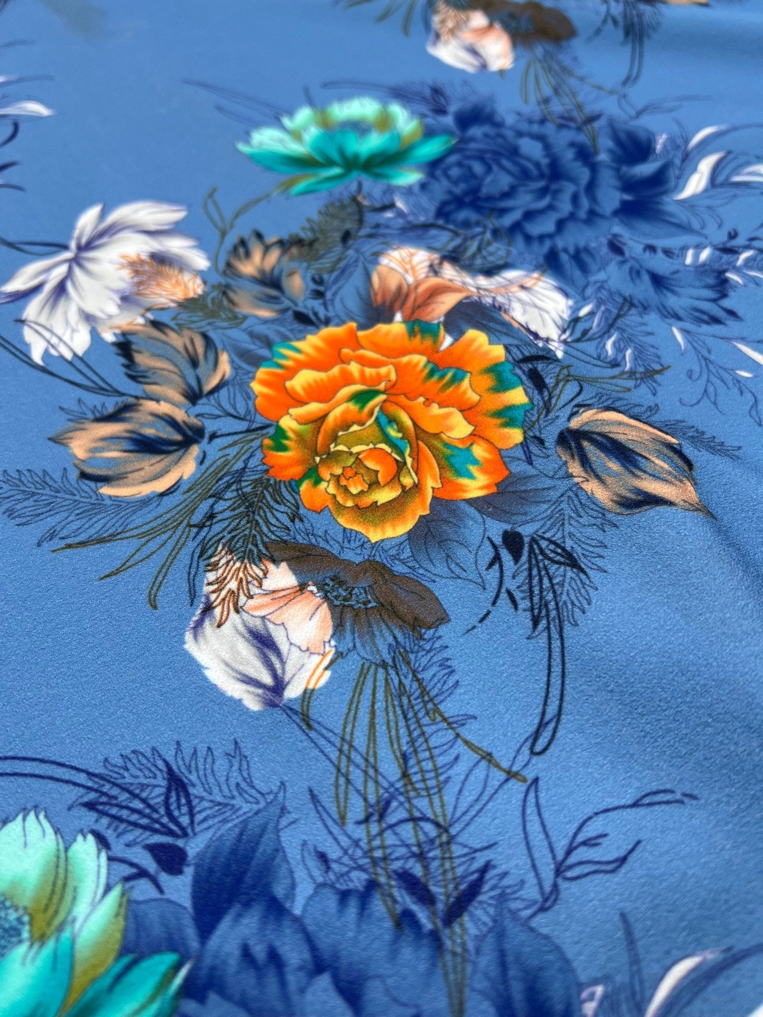 Charcoal Blue Floral Printed Scuba Crepe Jersey Fabric 4 Way Stretch - T9 Fabrics