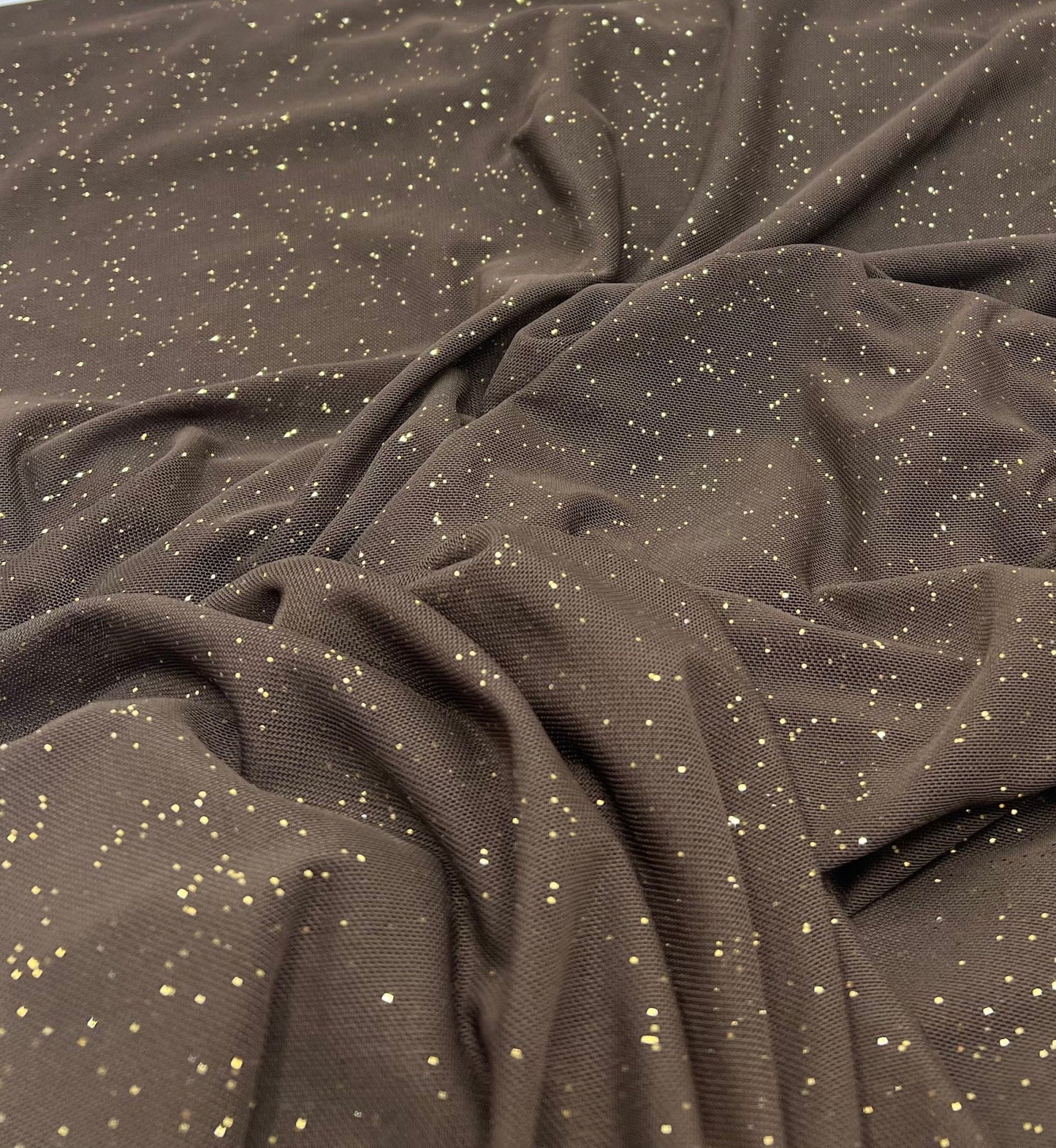 Chocolate Gold Glitter Sparkle Mesh Fabric Stretch - T9 Fabrics